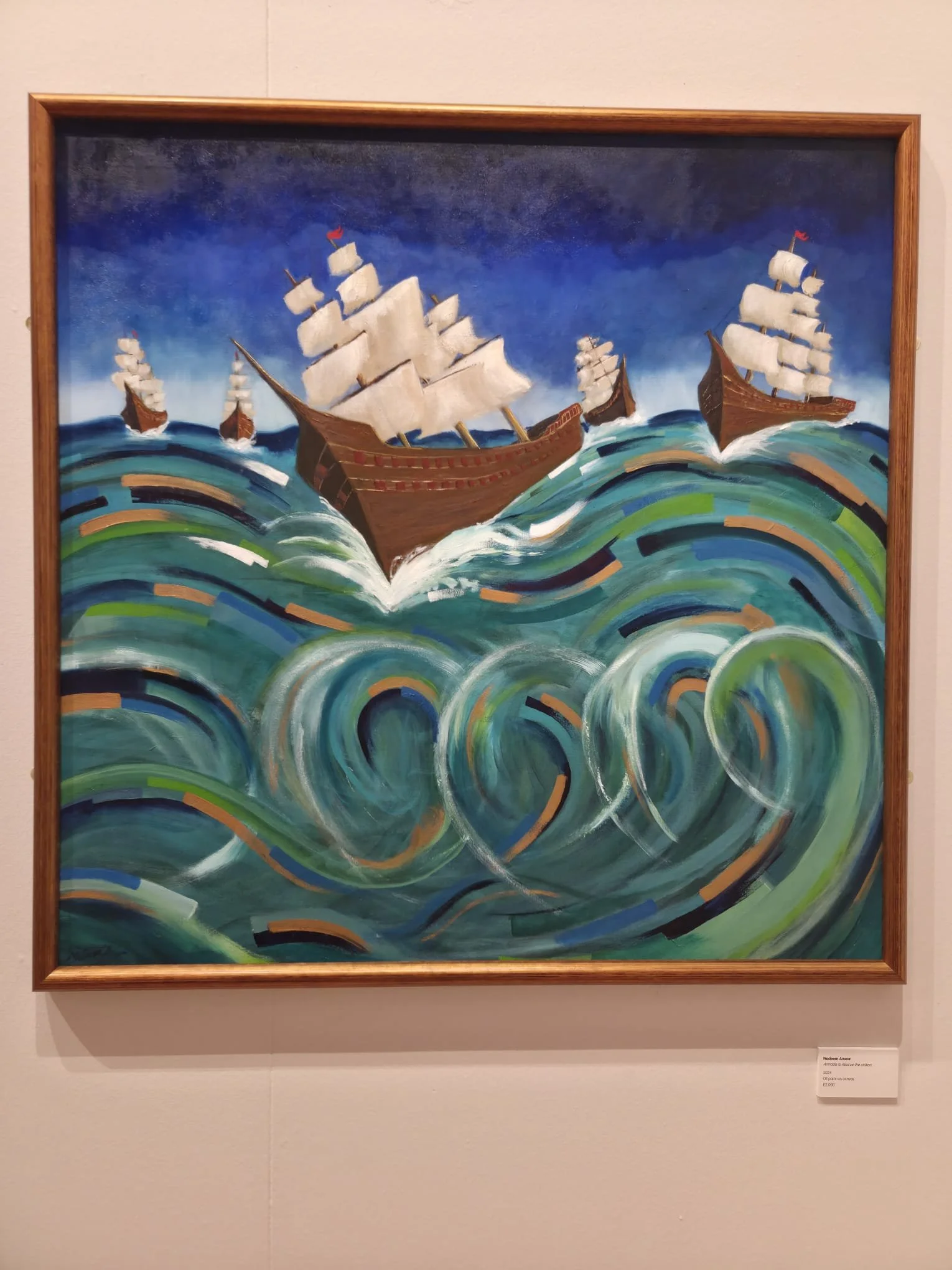 A painting of wooden sailing ships navigating rough blue and green sea waves under a dark sky, in an abstract style.