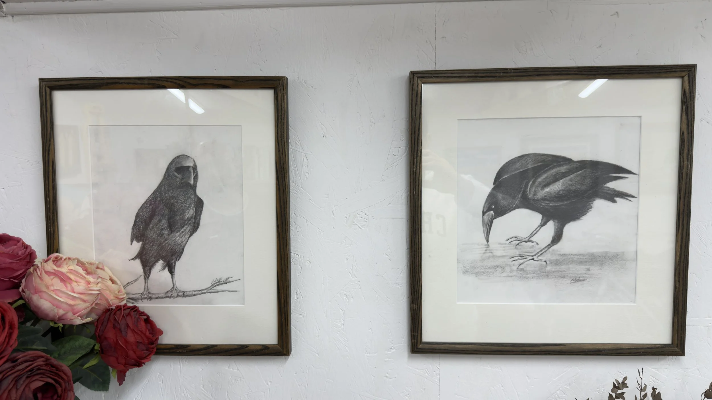 Two framed black and white bird illustrations on a white wall, with a bouquet of pink and red roses in the bottom left corner.