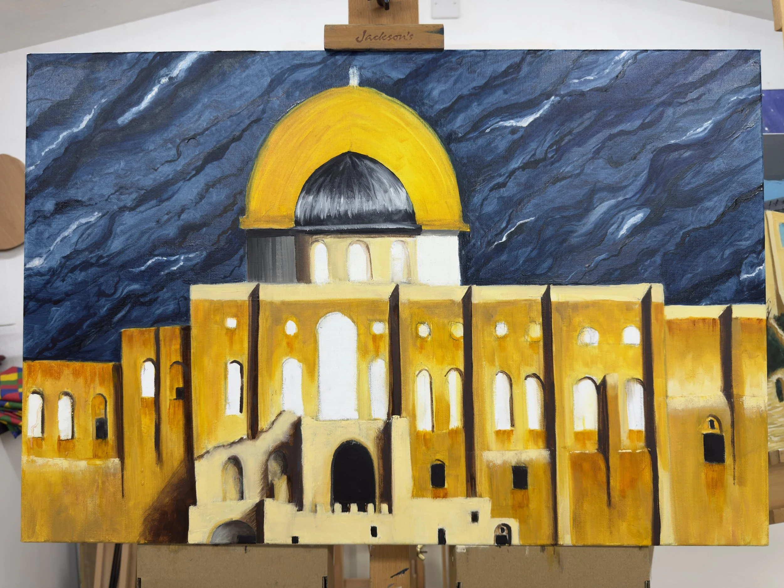Painting of an illuminated historical building with a prominent golden dome under a dark, stormy sky.
