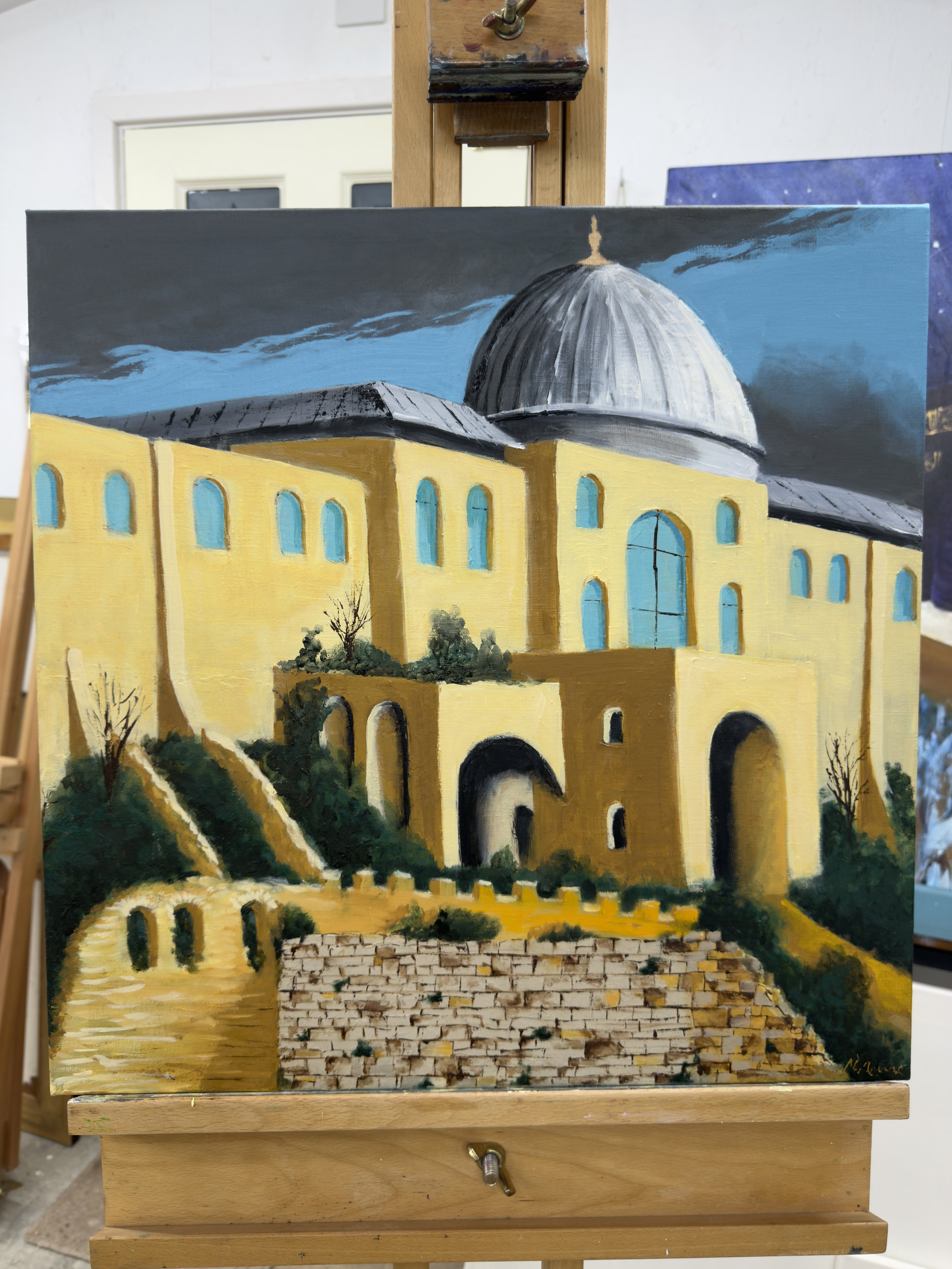 Oil painting of a yellow building with arched windows and a dome, set against a cloudy sky, with a stone wall and greenery in the foreground.