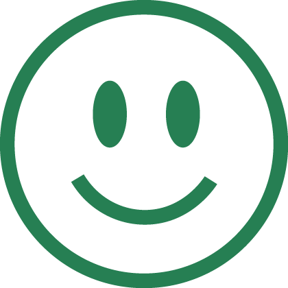 Green smiling face icon with a circular outline and simple features.
