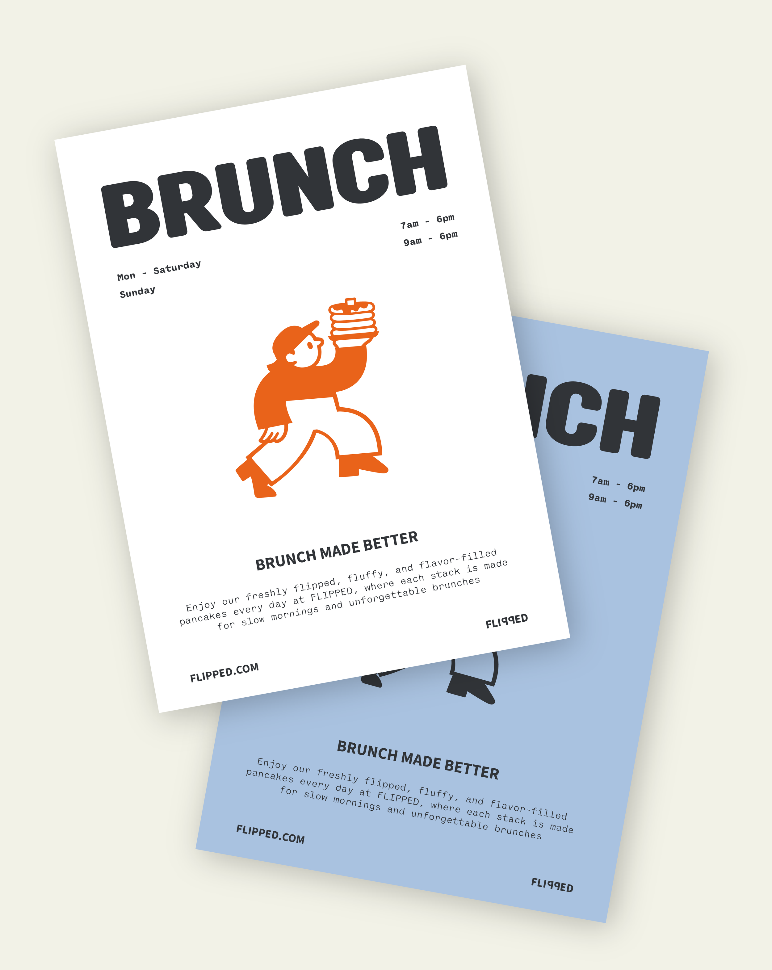 Brunch Poster with the mascot holding a plate of pancakes with the slogan at the bottom " Brunch made better".