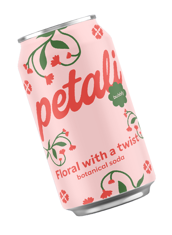 A pink soda can labeled 'Petali' with a floral design and the flavor description 'Floral with a twist,' 'botanical soda.'