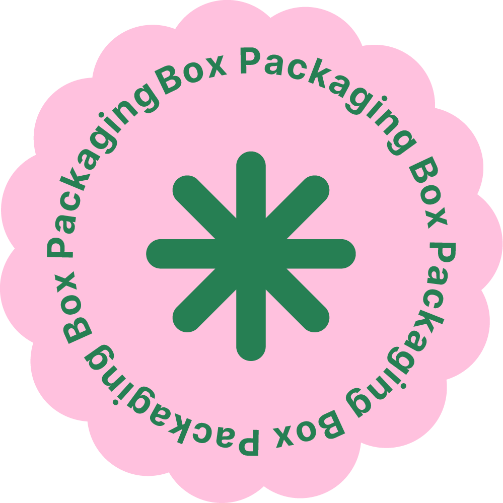 Pink scalloped circle with green asterisk in the center. Circular text around the asterisk reads "Packing Box Packaging Box Packing Bag".