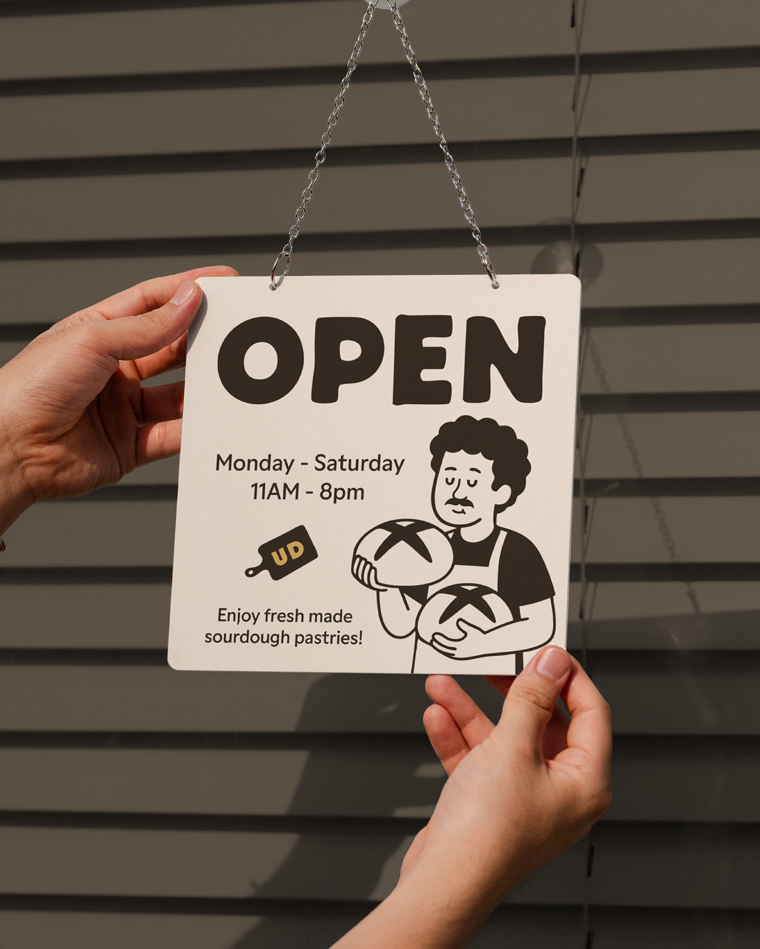 Open sign with "open" and time with the mascot