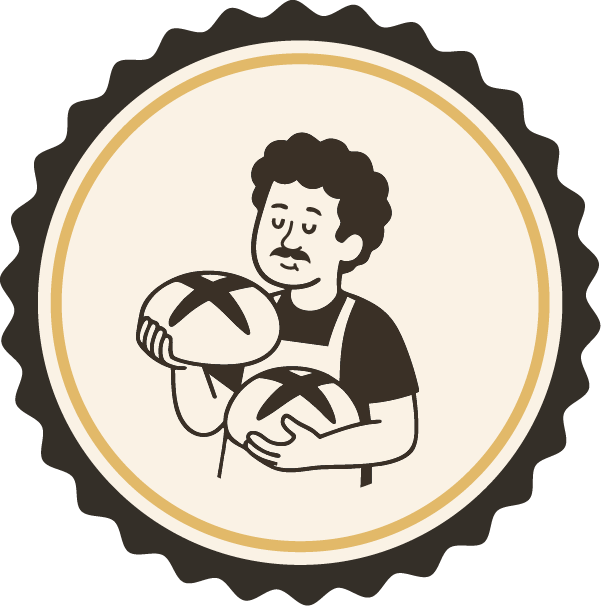 A cartoon man holding two loaves of bread with X marks on them, with a satisfy expression.