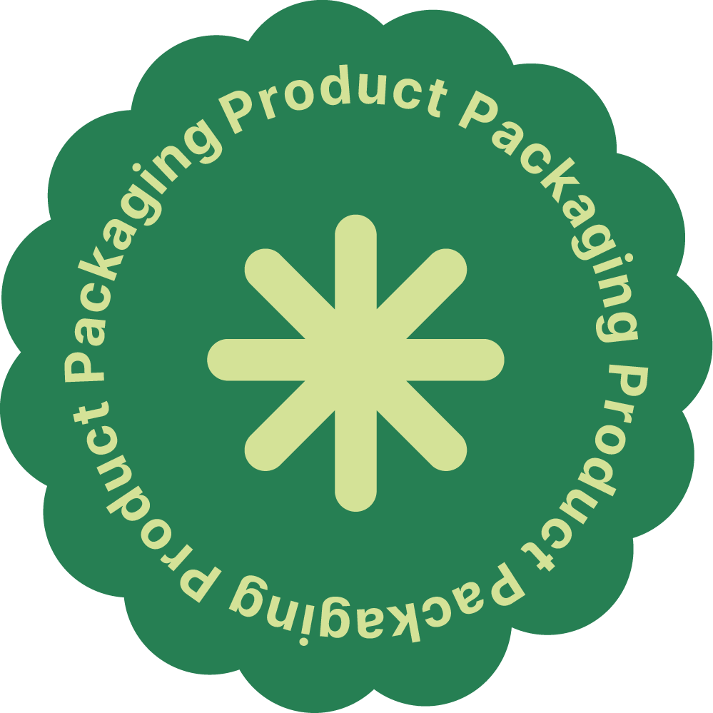 Green circular badge with scalloped edges, featuring a central starburst design. Encircling the starburst are the words 'Pouch Packaging Product Packaging' repeated in beige text.