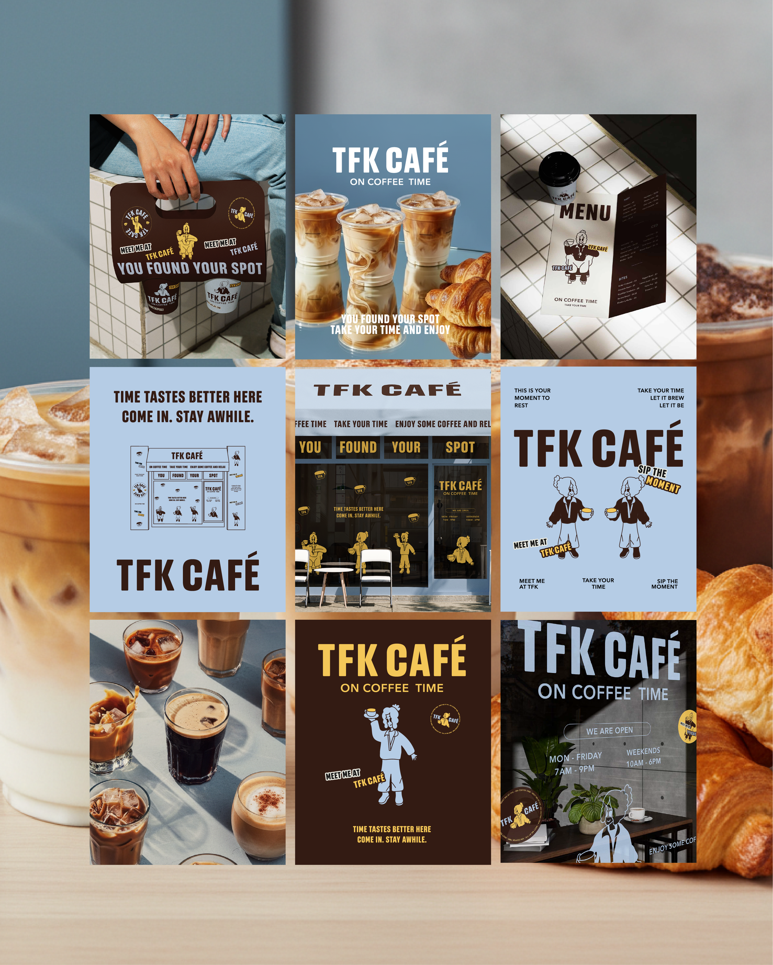 Instagram post for TFK cafe brand with the poster, take-out cups, the menu, window sign and other coffee visuals