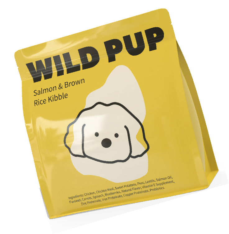 Packaging for Wild Pup Salmon & Brown Rice Kibble featuring a simple illustration of a puppy with floppy ears and a black nose on a yellow background.