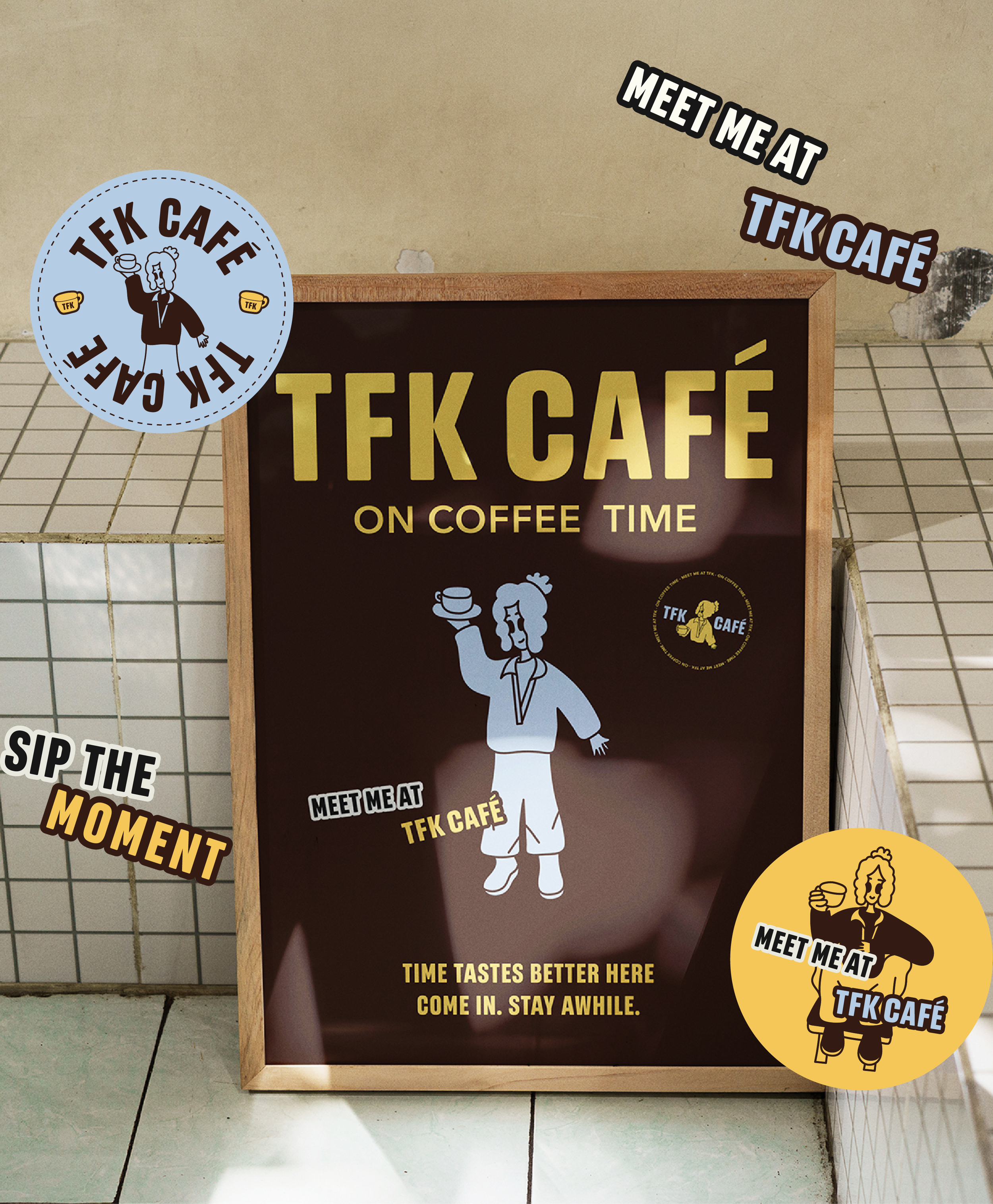 Poster with brand stickers with the logo and brand illustrations