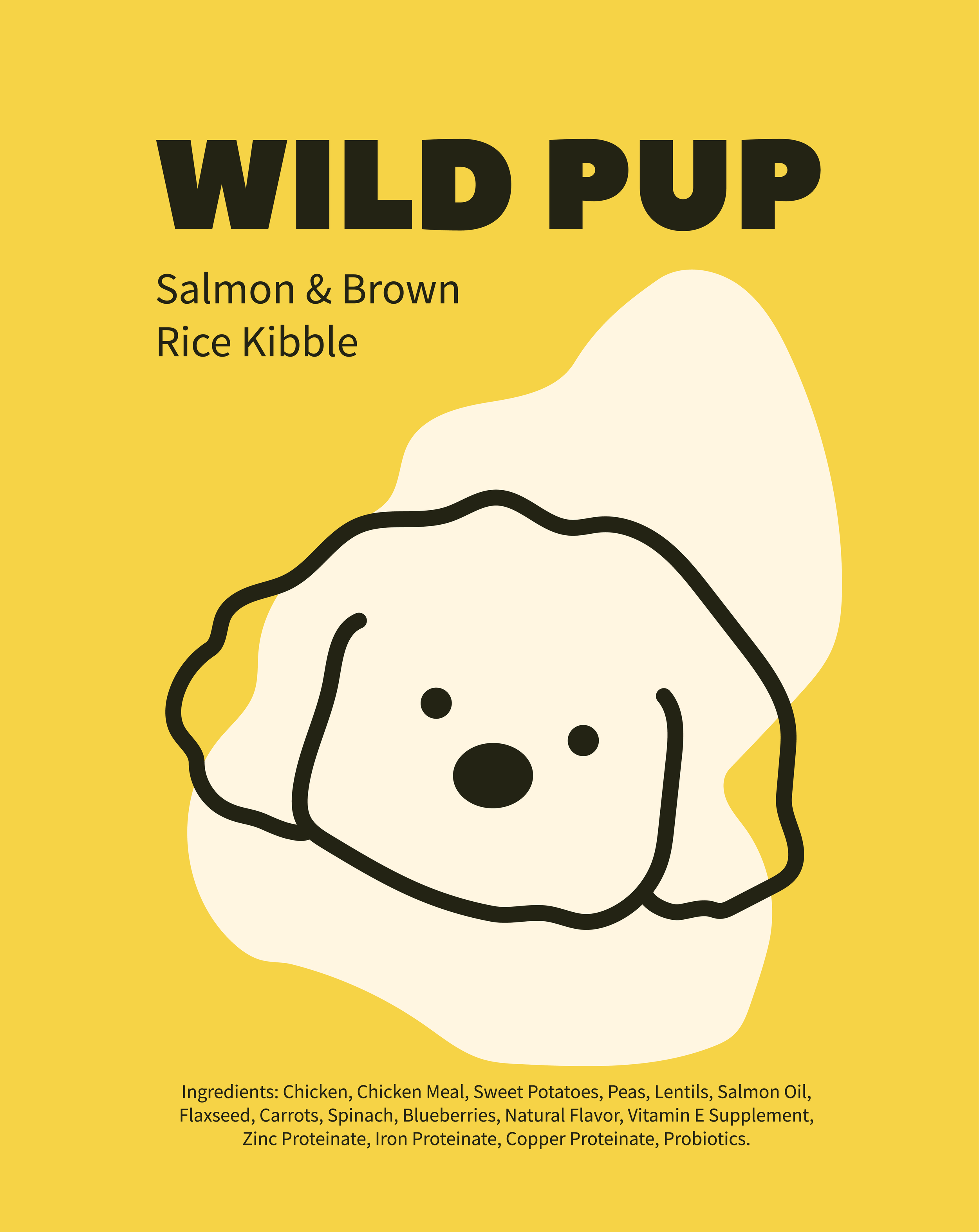 yellow background with an abstract shape and on top a dog illustration, the top says wild pup and Salmon & brown rice kibble