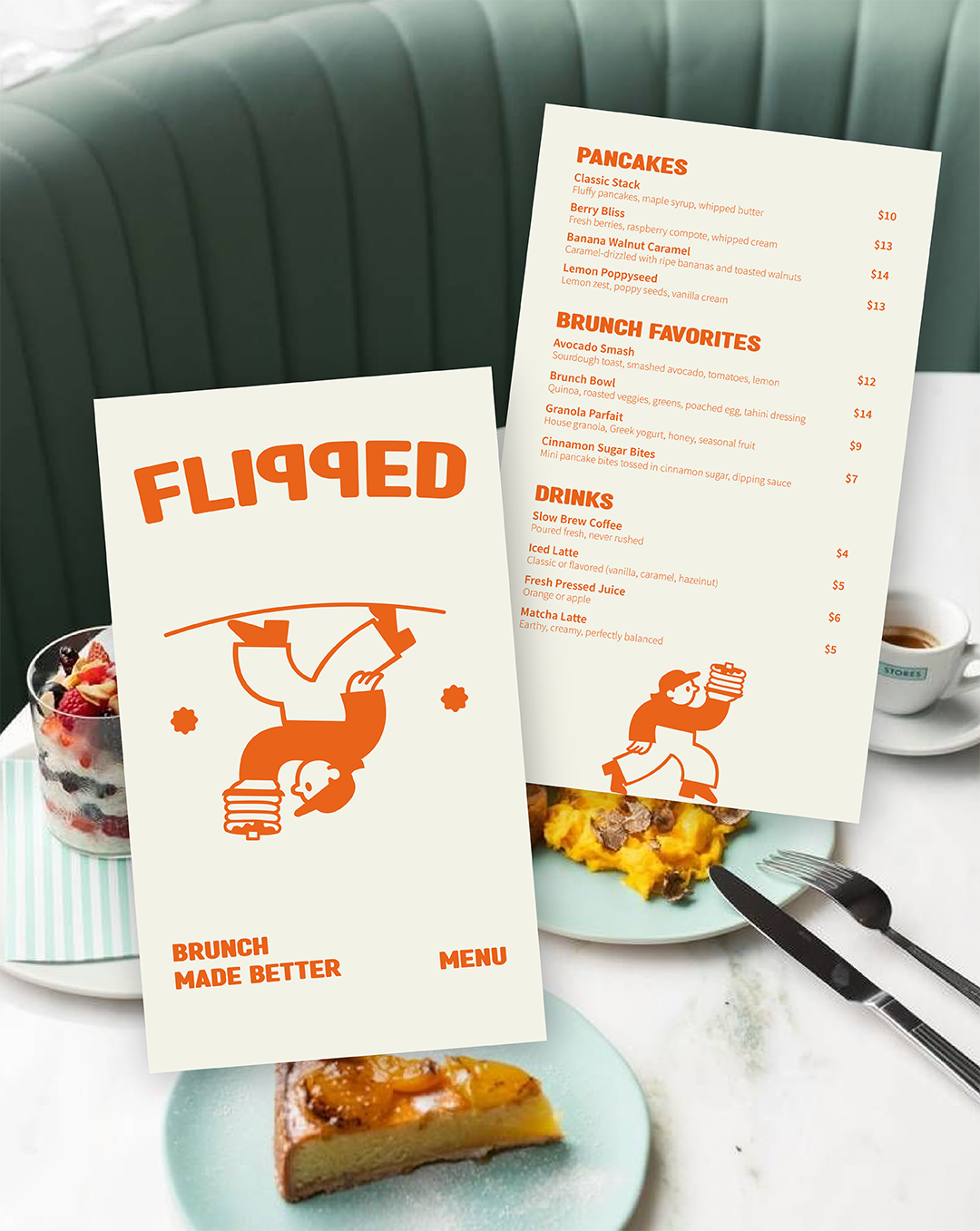 Brand two-page menu one is the brand name and the mascot in the center with the slogan at the bottom " Brunch made better" and the other page is the items