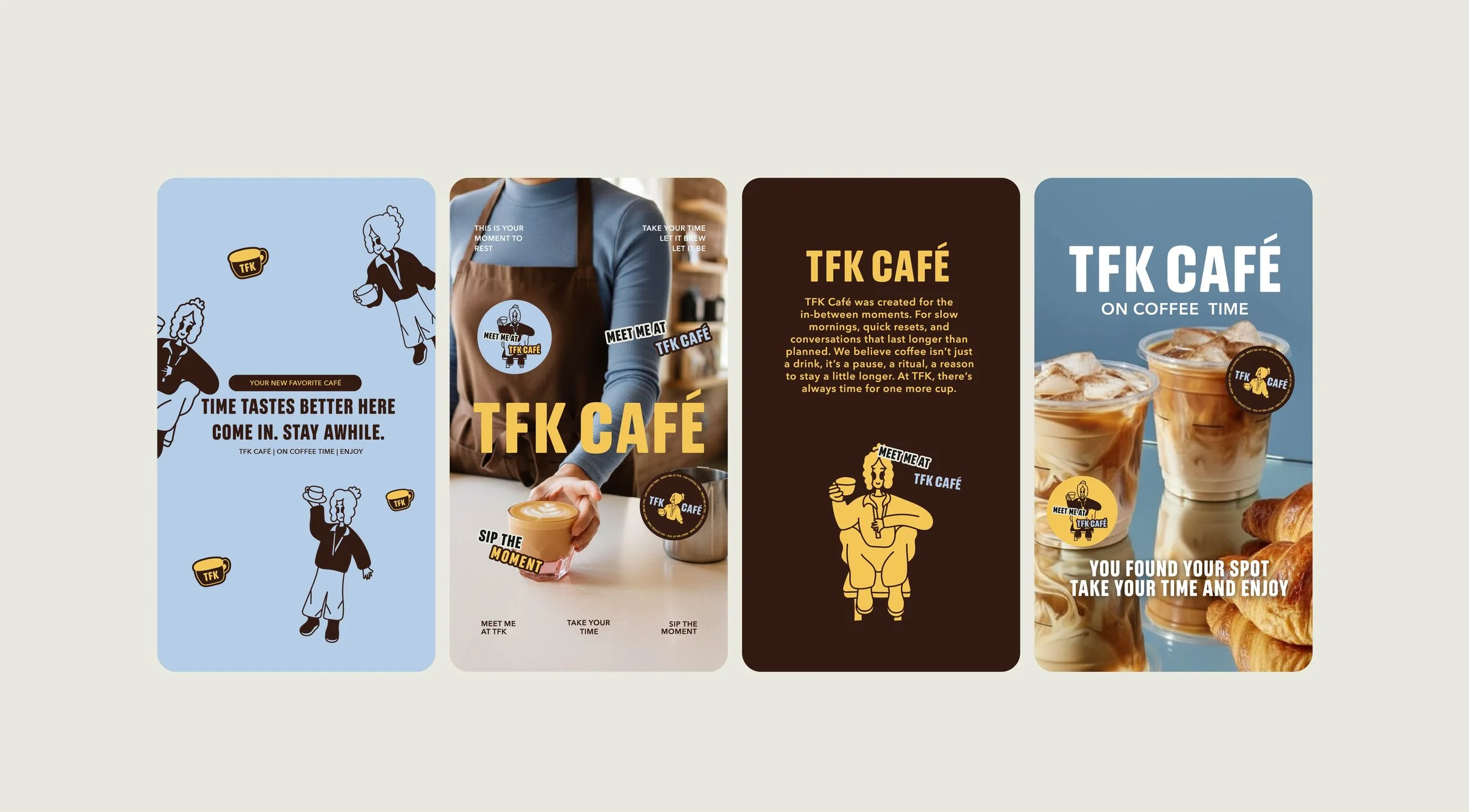 Story post promoting the TFK cafe brand with illustrations visuals and brand saying like time tastes better here come in. Stay awhile.