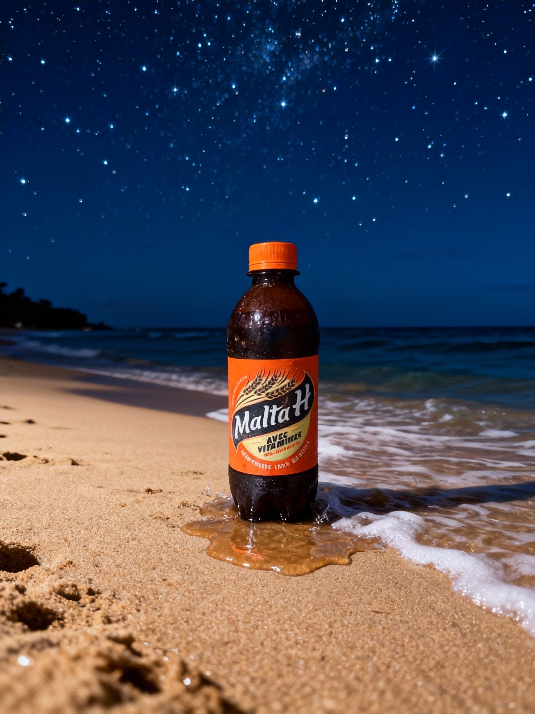 A bottle of Malta H beverage standing in the sand on a beach at night with the ocean waves nearby and a starry sky overhead.