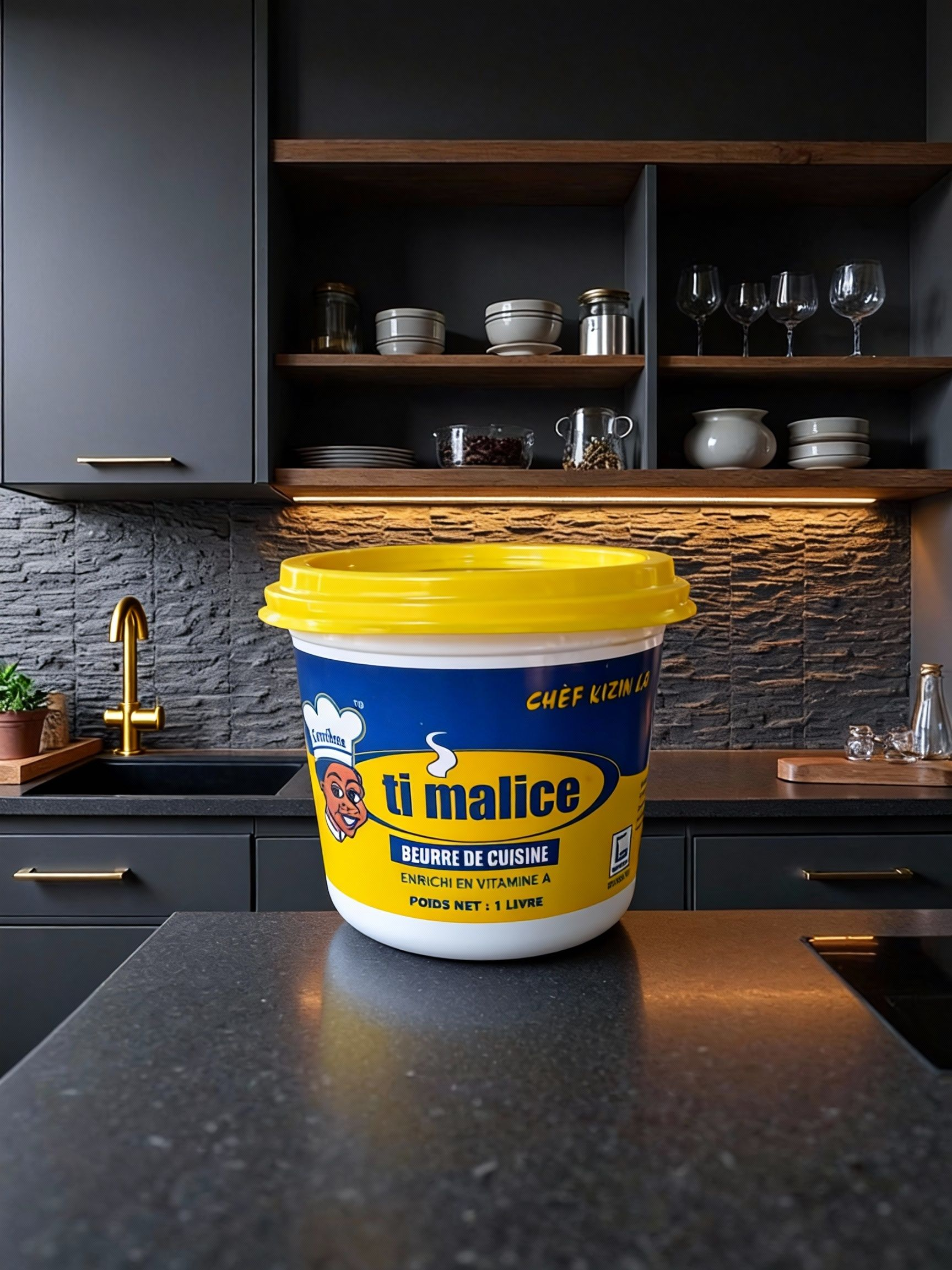 A container of butter with a yellow lid and a blue and yellow label on a kitchen countertop. The kitchen has dark gray cabinets, open wooden shelves with dishes and glasses, and a black textured backsplash with a gold faucet.