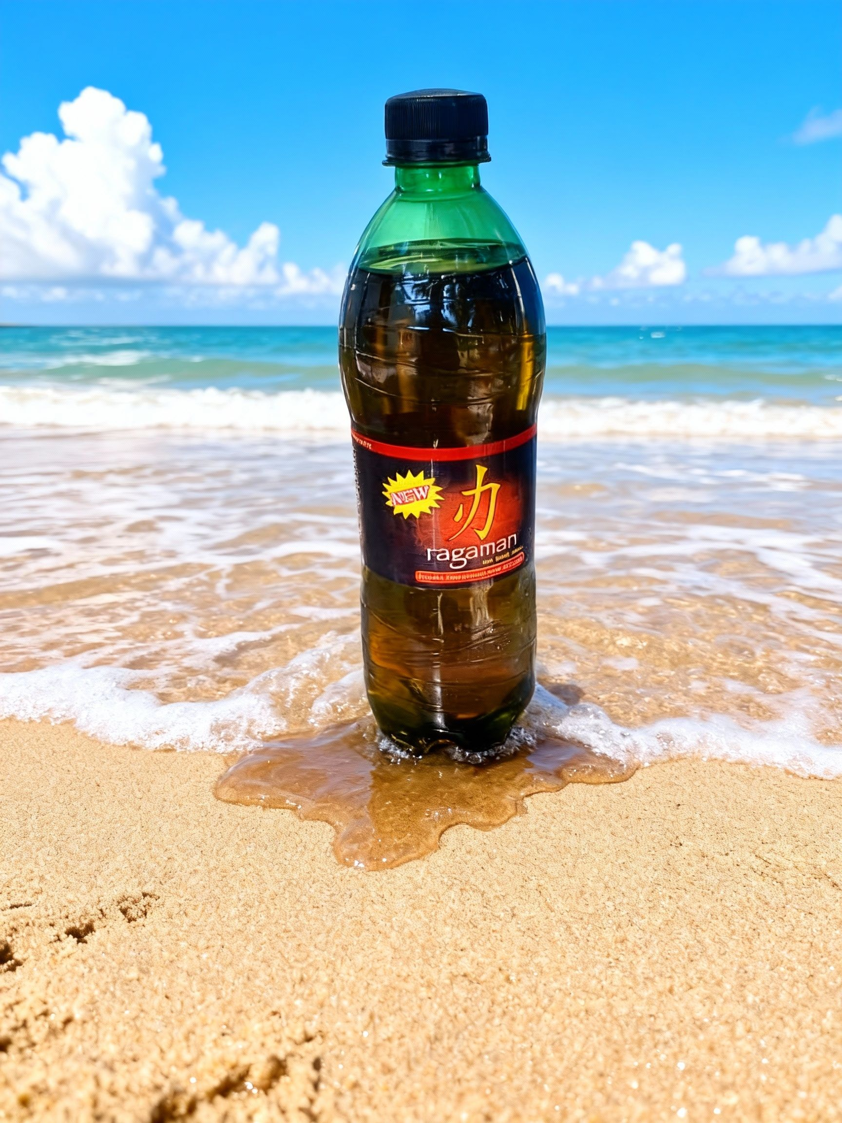 A plastic bottle with a black cap and a red label with Japanese writing, labeled 'Ragaman,' standing on wet sand at the beach with ocean waves in the background and a blue sky with some white clouds.