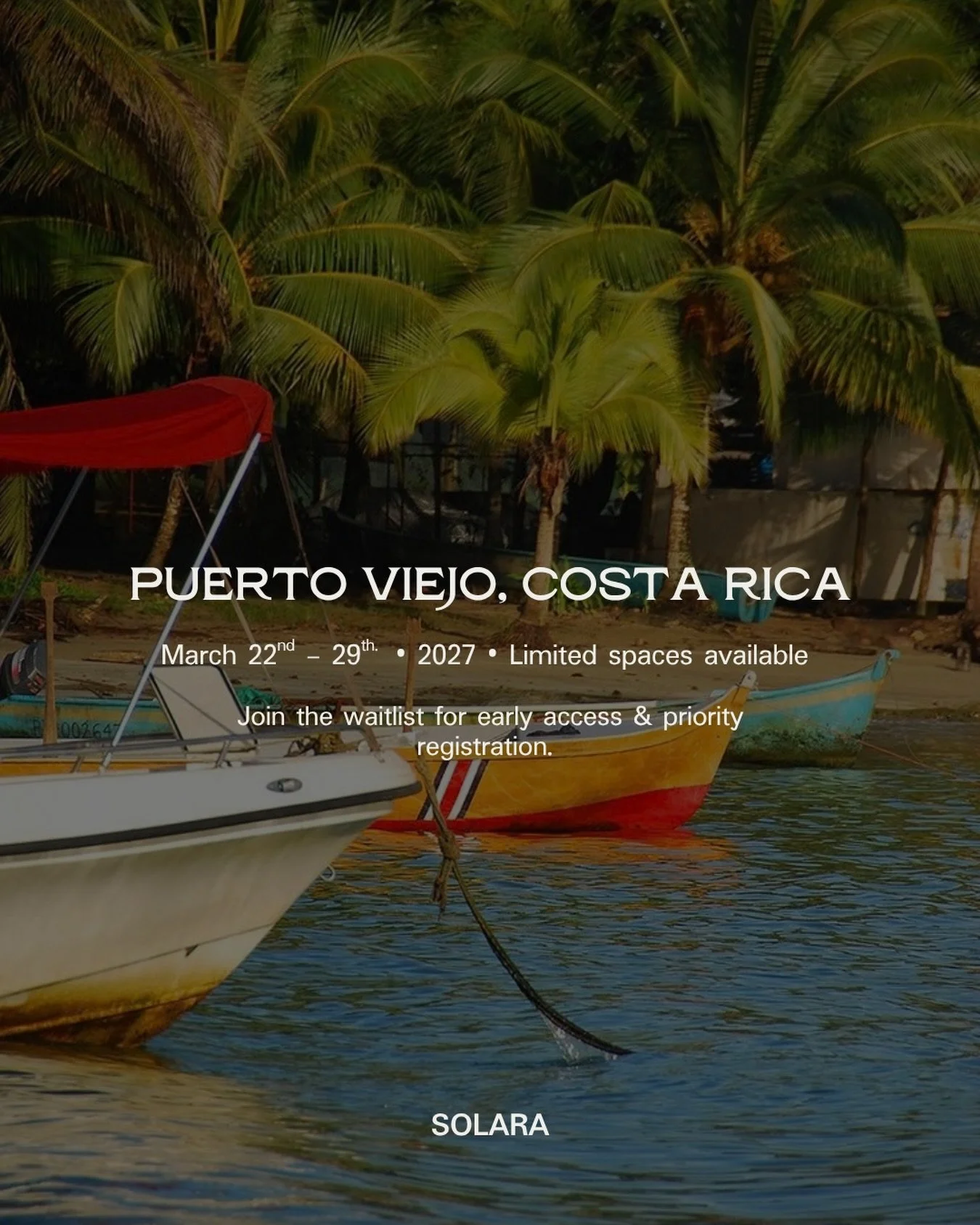 We&rsquo;re going to Puerto Viejo, Costa Rica! 🇨🇷

Caribbean coast. Jungle. Surf. Culture. Adventure. And a week designed to experience all of it together.

 March 22nd &mdash; 29th, 2027 

Join the waitlist for priority registration when registrat