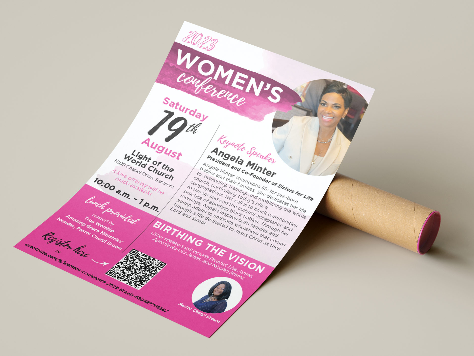 Flyer for the 2023 Women's Conference featuring a photo of a smiling woman in a white blazer, event details including date, location, and keynote speaker Angela Minter, with pink and white color scheme.