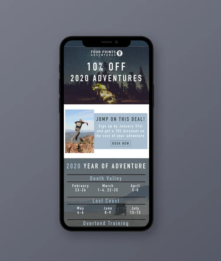 Smartphone displaying an adventure travel promotion for Four Points Adventures, offering 10% off on 2020 trips, including details of adventures like Death Valley, Lost Coast, and Overland Training.