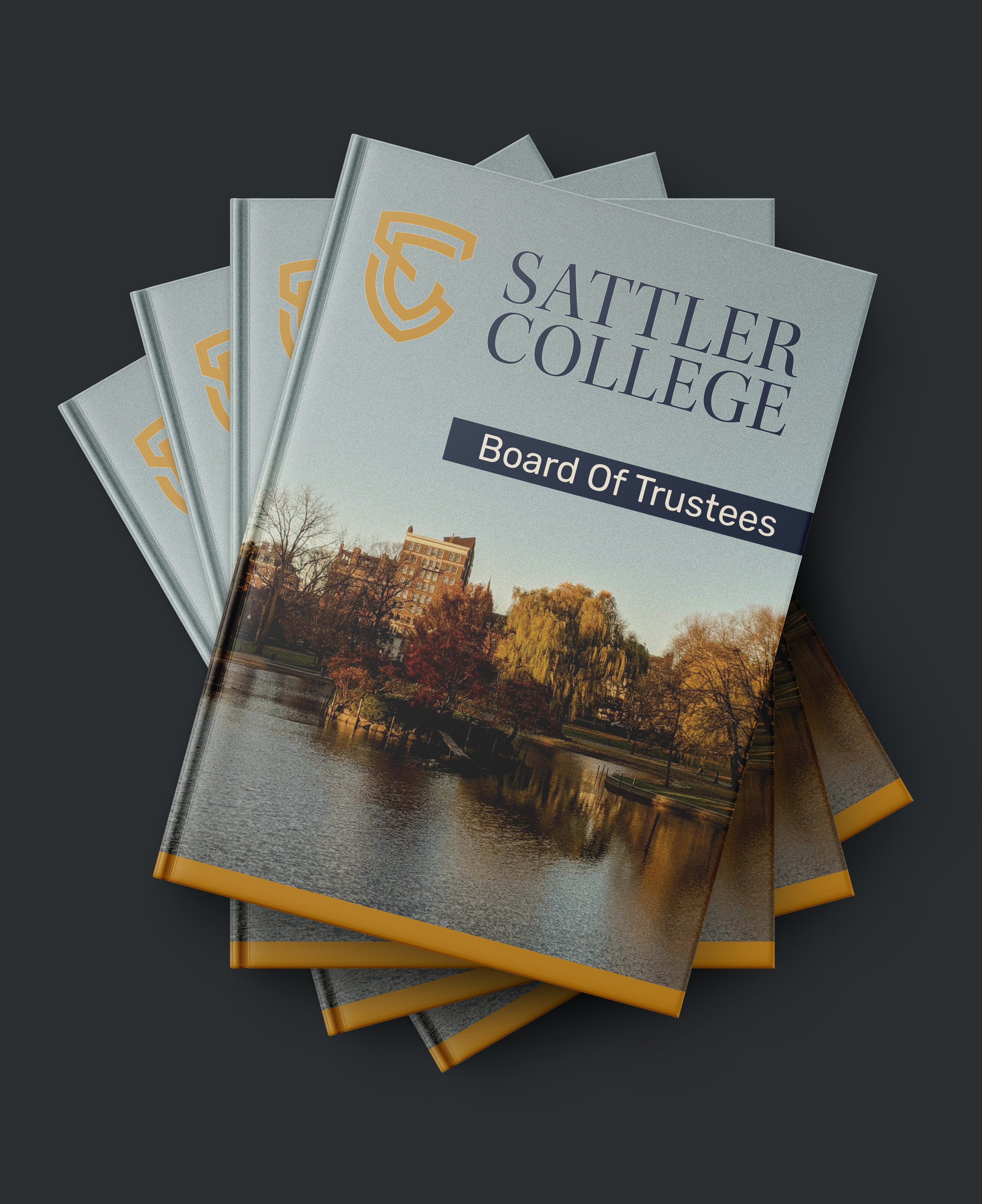 Brochure or report for Sattler College, titled 'Board of Trustees,' featuring a photo of a park with trees and buildings, set against a dark background.