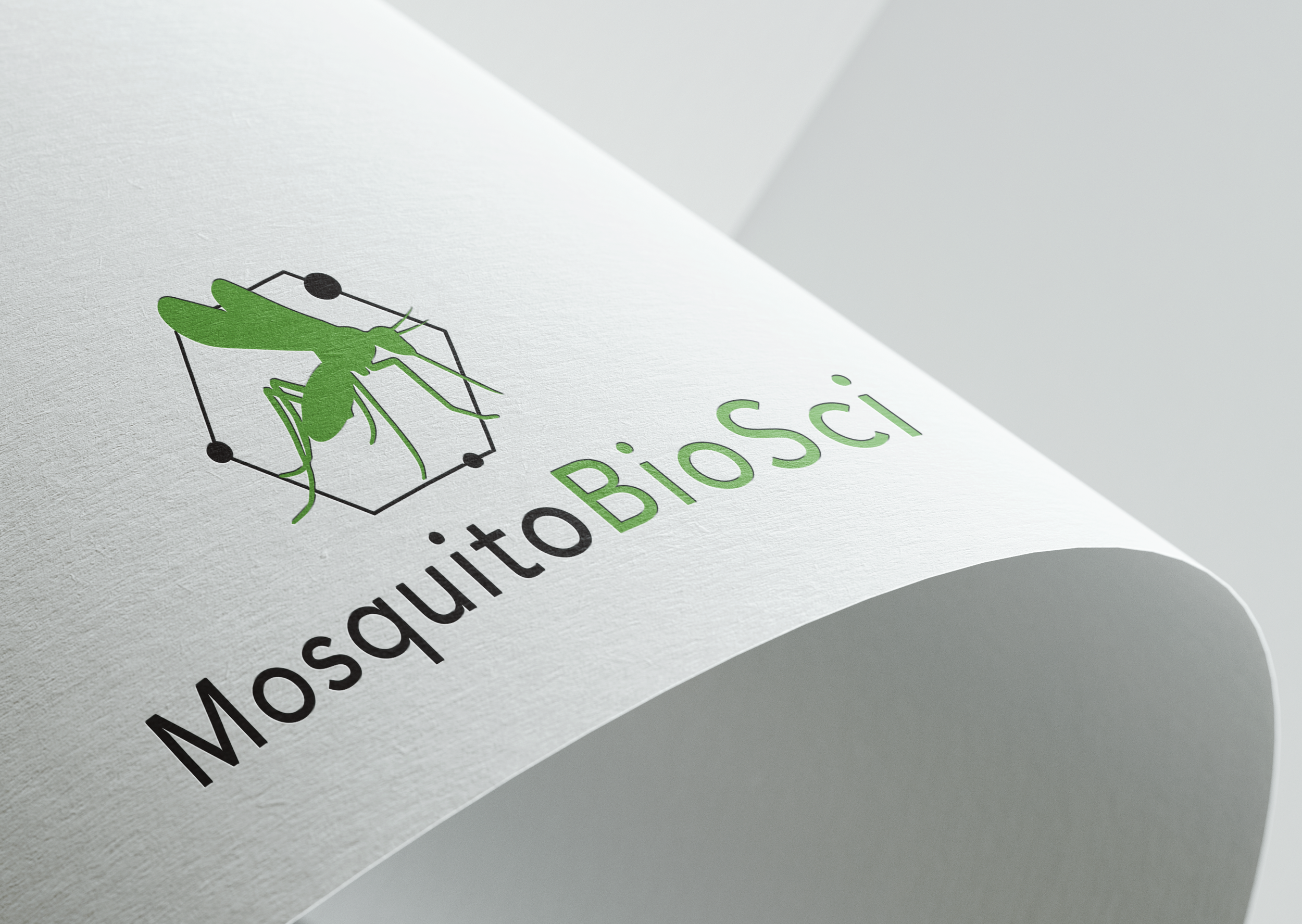 Close-up of a paper with the logo of a green mosquito inside a hexagon and the text 'MosquitoBiosci' below, on a white background.