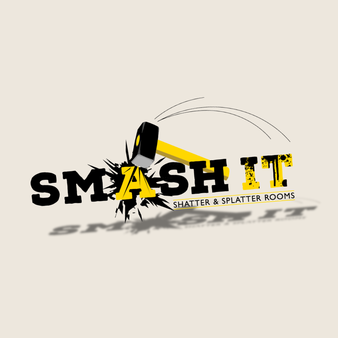 Logo for 'Smash It' featuring a hammer breaking through the text, with the subtitle 'Shatter & Splatter Rooms'. The design includes bold black and yellow colors with a shadow effect.