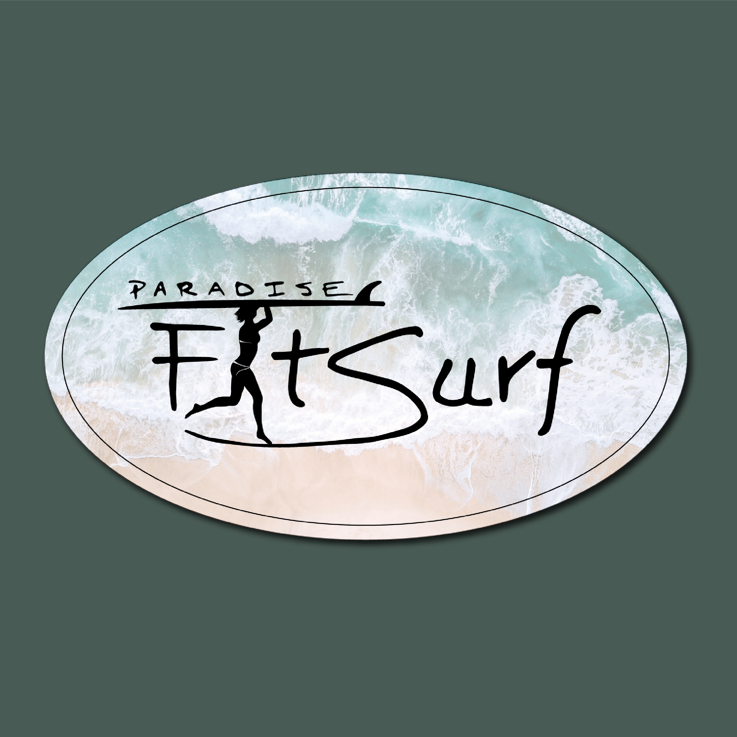 Logo for Paradise Fit & Surf with a background image of ocean waves and a person doing a handstand.