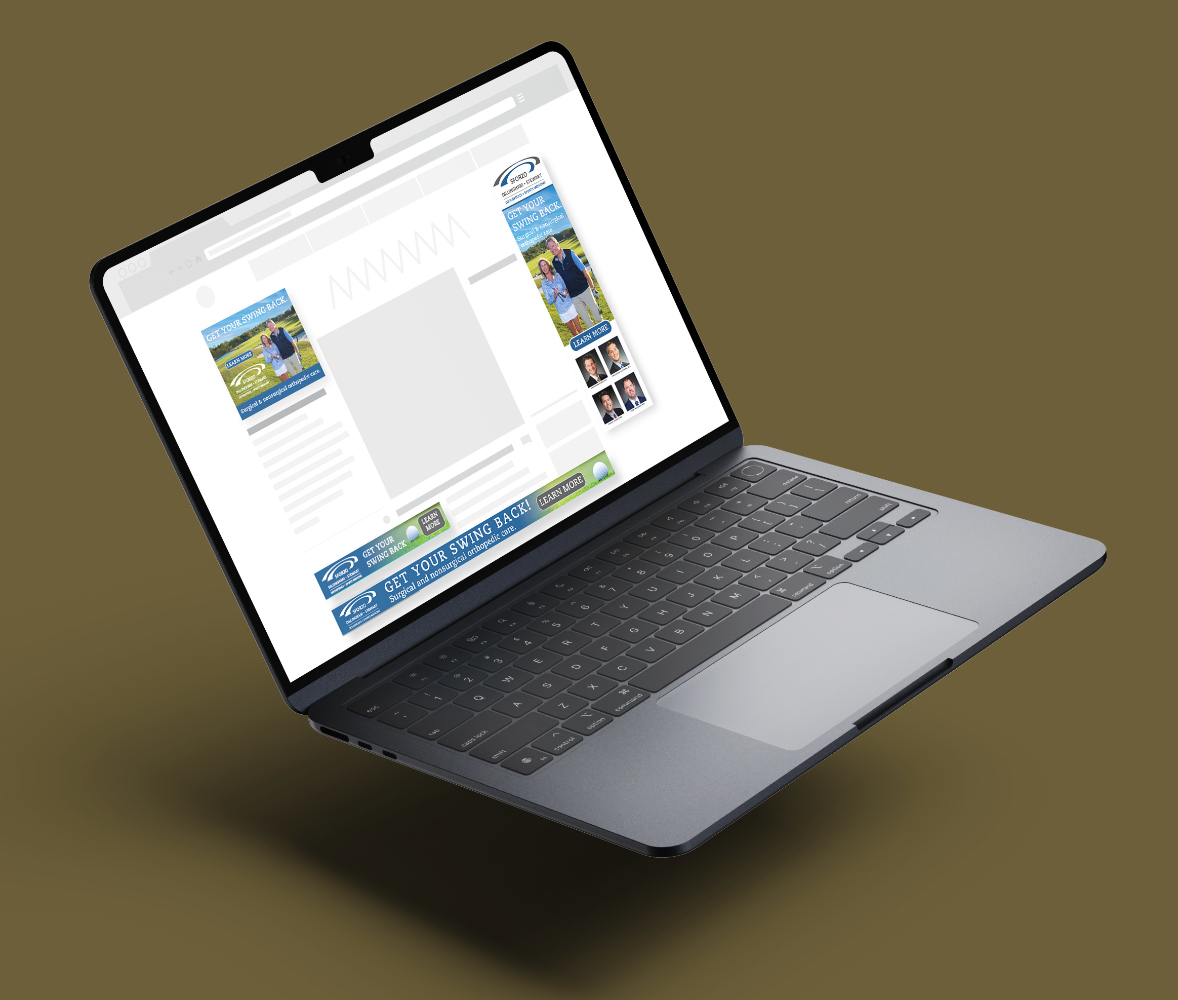 Gray laptop with a black keyboard displaying a Facebook page with multiple advertisements for a surgical and nonsurgical orthopedic care clinic against a brown background.