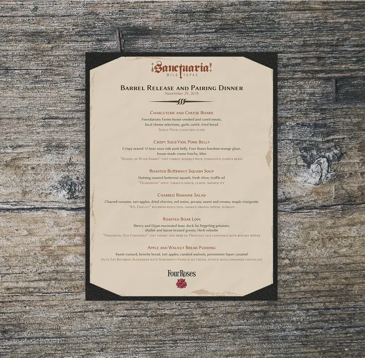 Menu from Sanctuaria for a barrel release and pairing dinner on November 29, 2018, featuring charcuterie, cheese, crispy sous vide pork belly, roasted butternut squash soup, charred romaine salad, roasted board loin, apple and walnut bread pudding, w