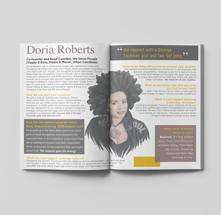 A magazine or flyer featuring Doria Roberts with a portrait illustration, highlighting her achievements, leadership, and personal growth insights.