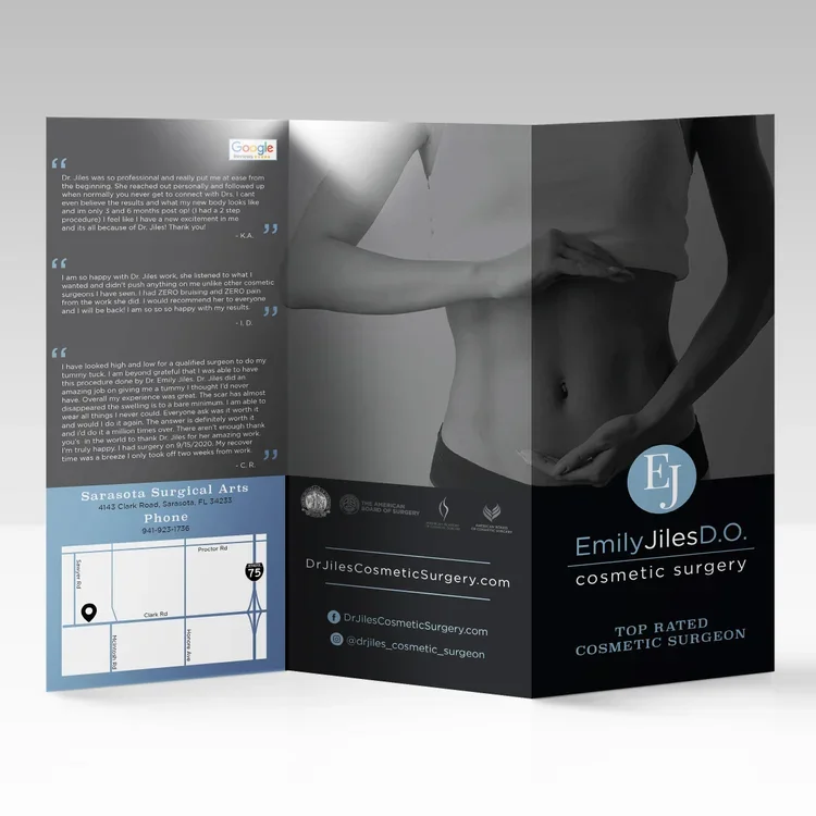 Tri-fold brochure for Emily Jiles D.O., a cosmetic surgeon, featuring a grayscale photo of a woman's midsection and contact information for Sarasota Surgical Arts in Florida.