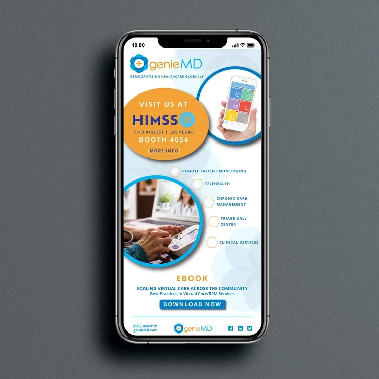 Smartphone screen displaying a medical app advertising genieMD at HIMSS21 conference in Las Vegas, August 9-13, with information about remote patient monitoring, telehealth, chronic care management, triage call center, and clinical services, and an o