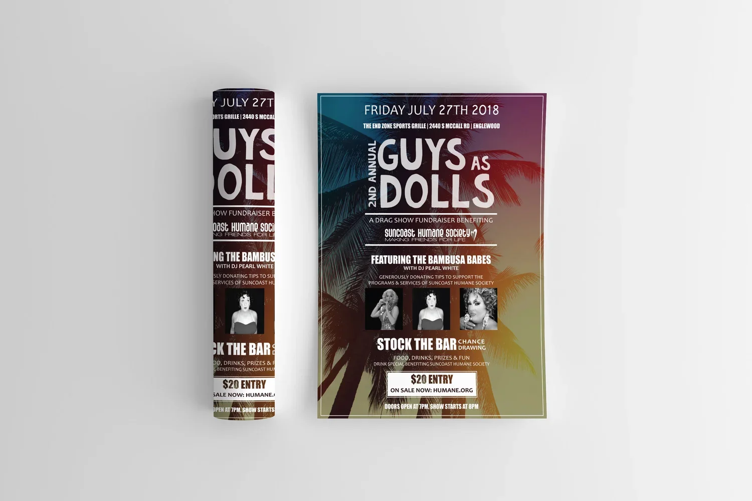 Event poster for the 2nd Annual Guys as Dolls drag show fundraiser, featuring bamboo babes, with details of date, location, and entry fee.