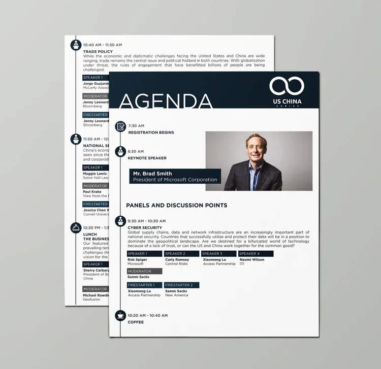 Agenda for a US China event featuring a keynote speech by Mr. Brad Smith, President of Microsoft Corporation, and various panel discussions on cybersecurity and technology, with schedule times from 7:30 AM to 12:20 PM.