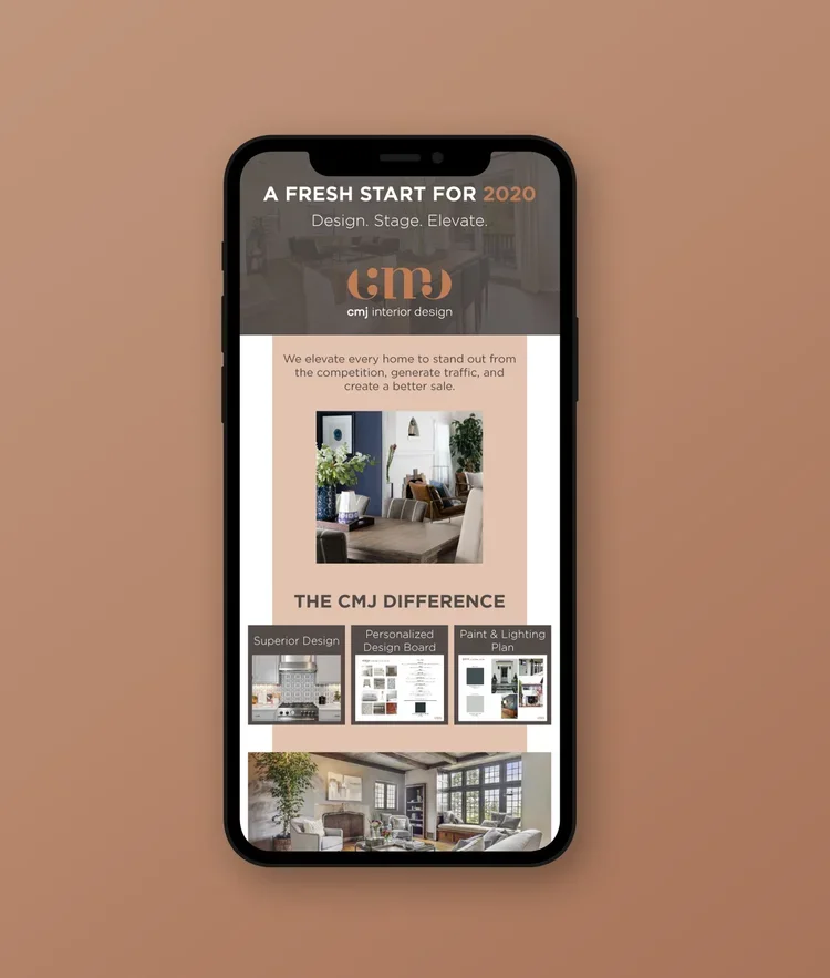 Mockup of a mobile phone displaying an interior design company's promotional webpage for 2020, featuring images of decorated living spaces, design boards, and plans against a beige background.