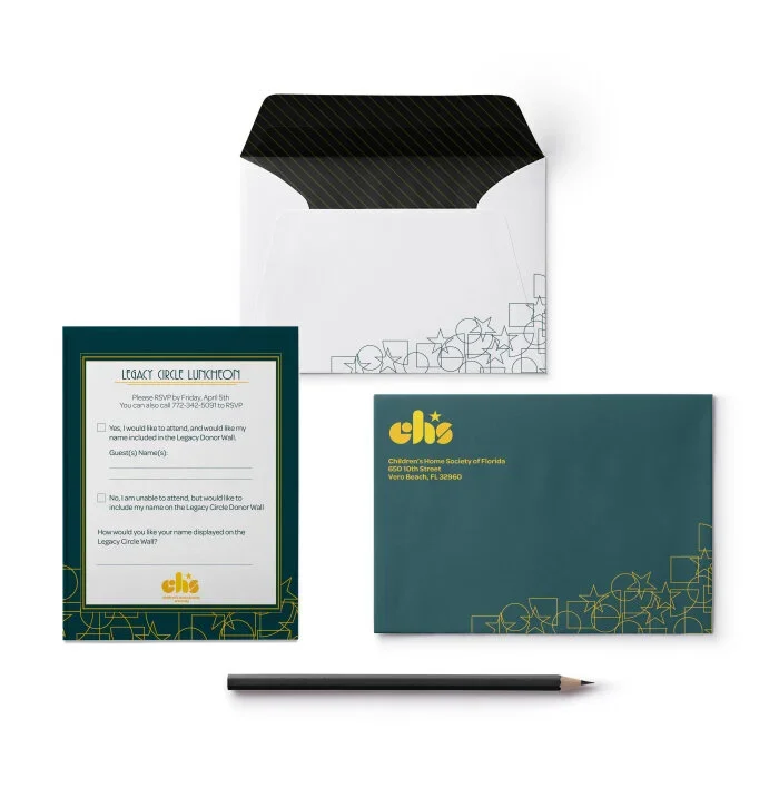 Invitation for a children's charity event with an envelope, RSVP card, and pencil, featuring the Children's Home Society of Florida logo.