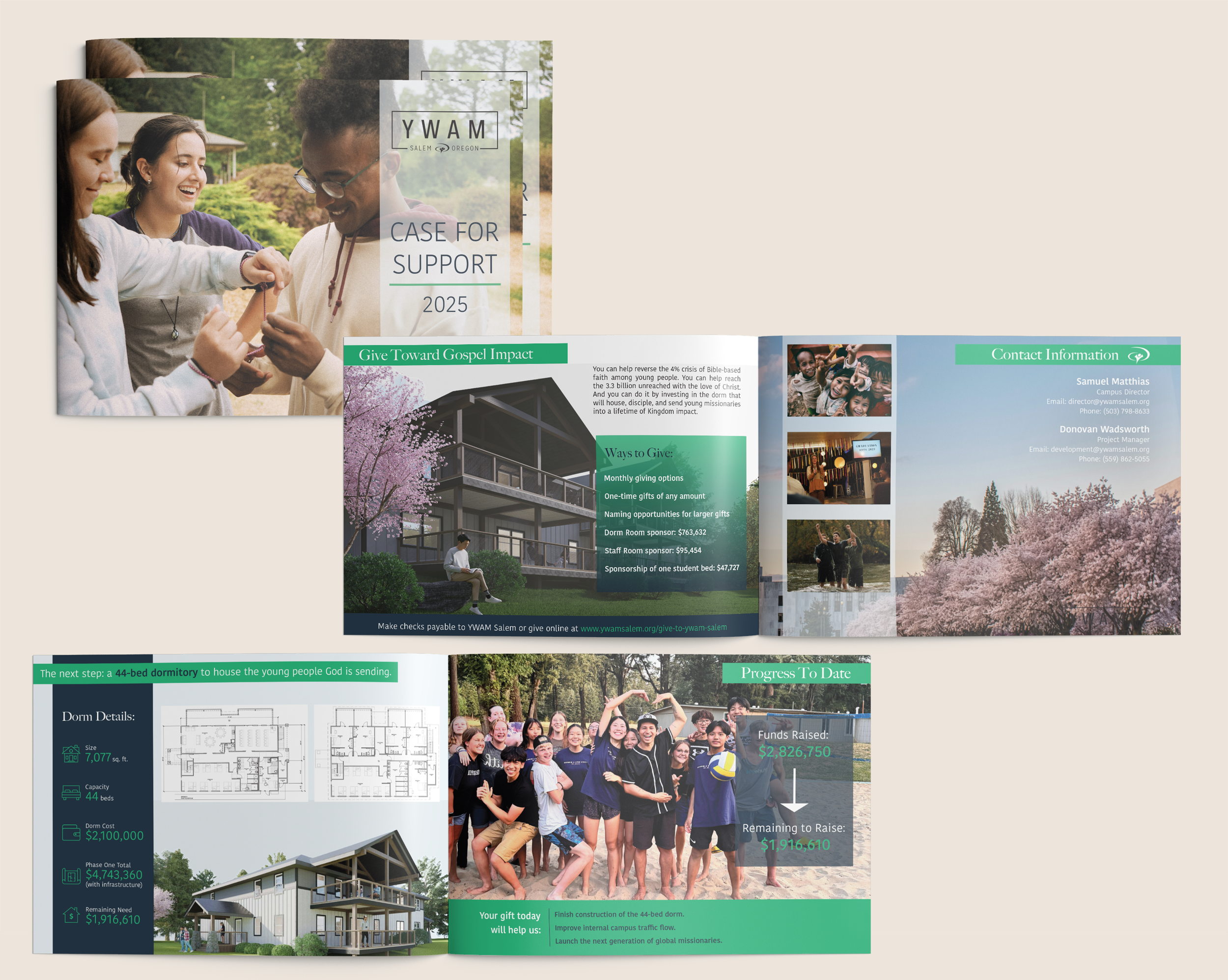 Brochure for WAM Salem Oregon youth dorm project, featuring photos of young people, a floor plan, construction details, and donation information.