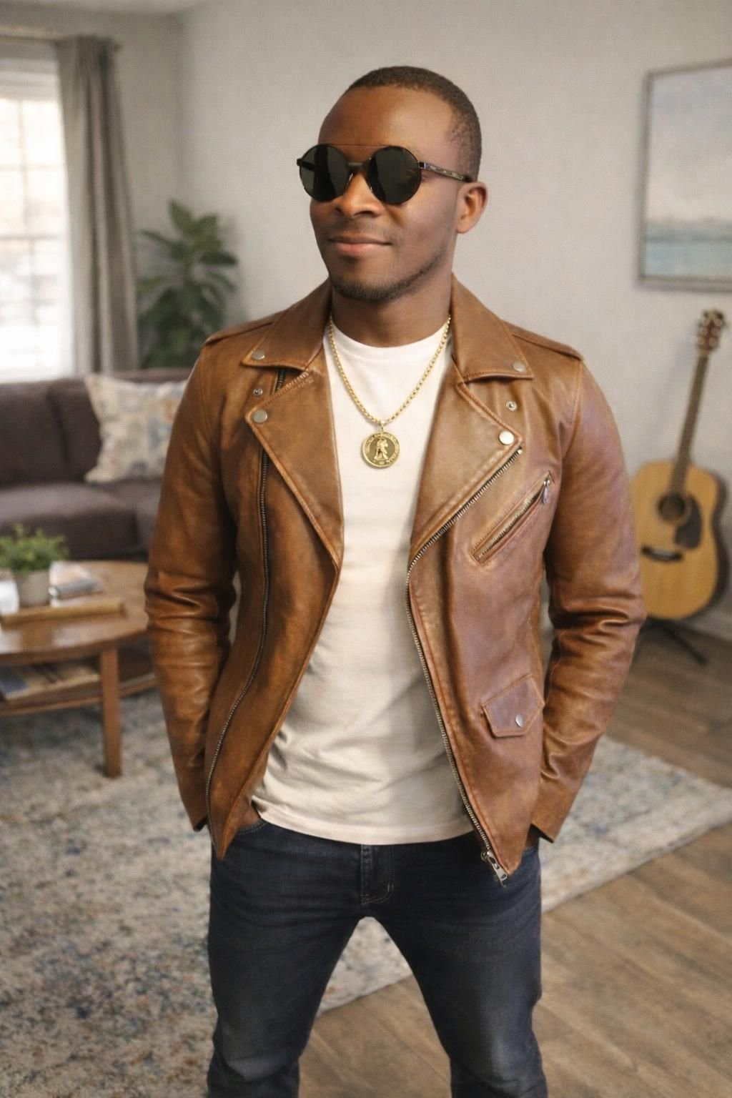 Lead guitarist and music producer Reginald Duvillage ( Dean Regy) at home, ready for athe studio.  