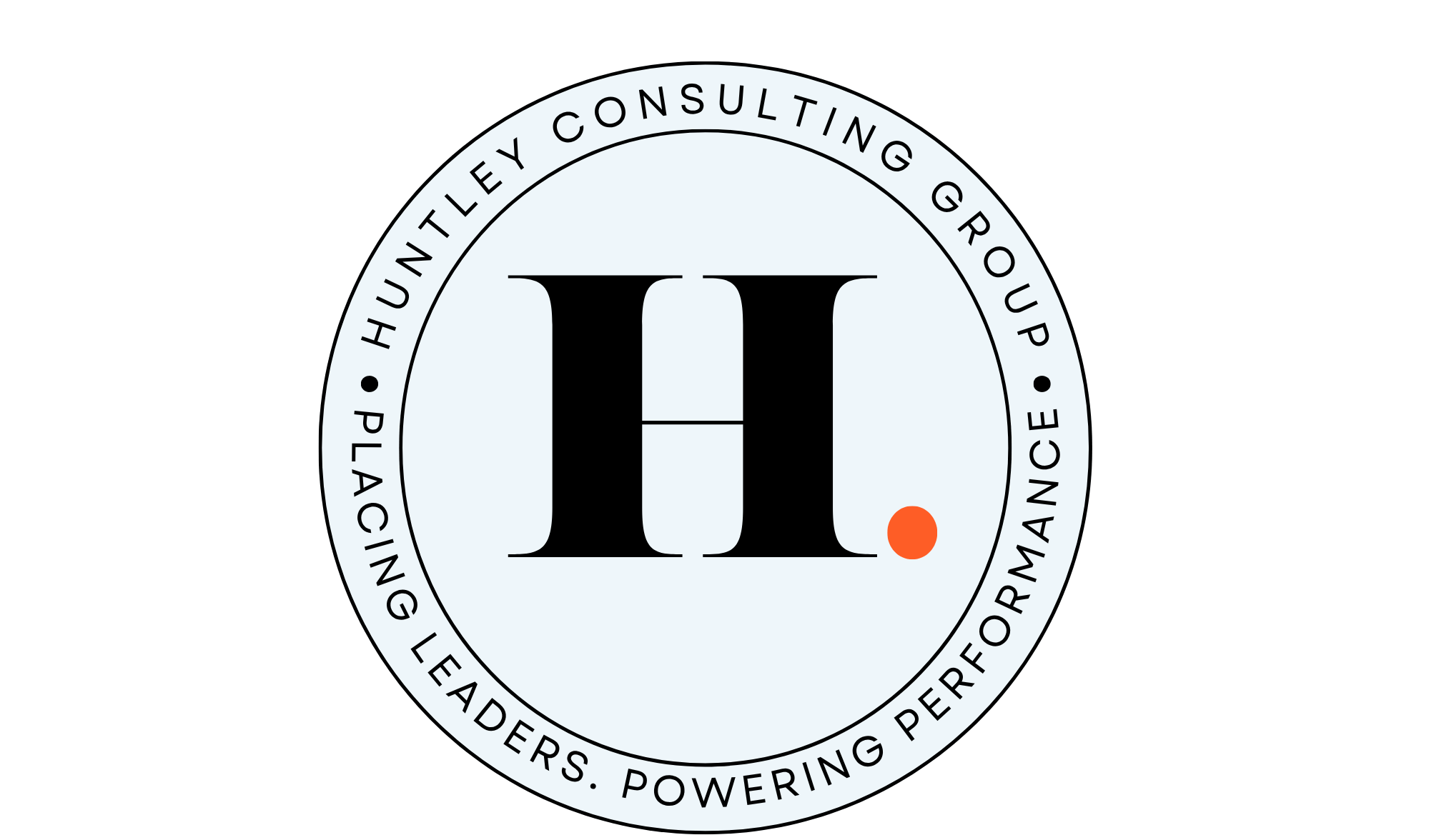 Logo for Huntley Consulting Group featuring a large black letter H with a small orange dot, encircled by the company name and tagline on a white background.