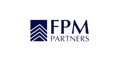 FPM Partners logo with blue geometric design and text.