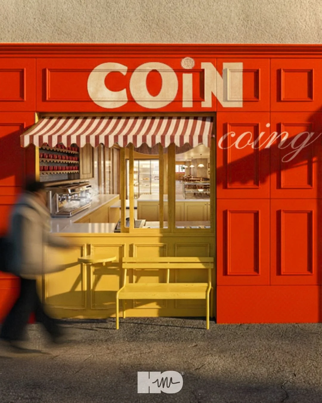 Façade d'un café rouge sur le thème du coing