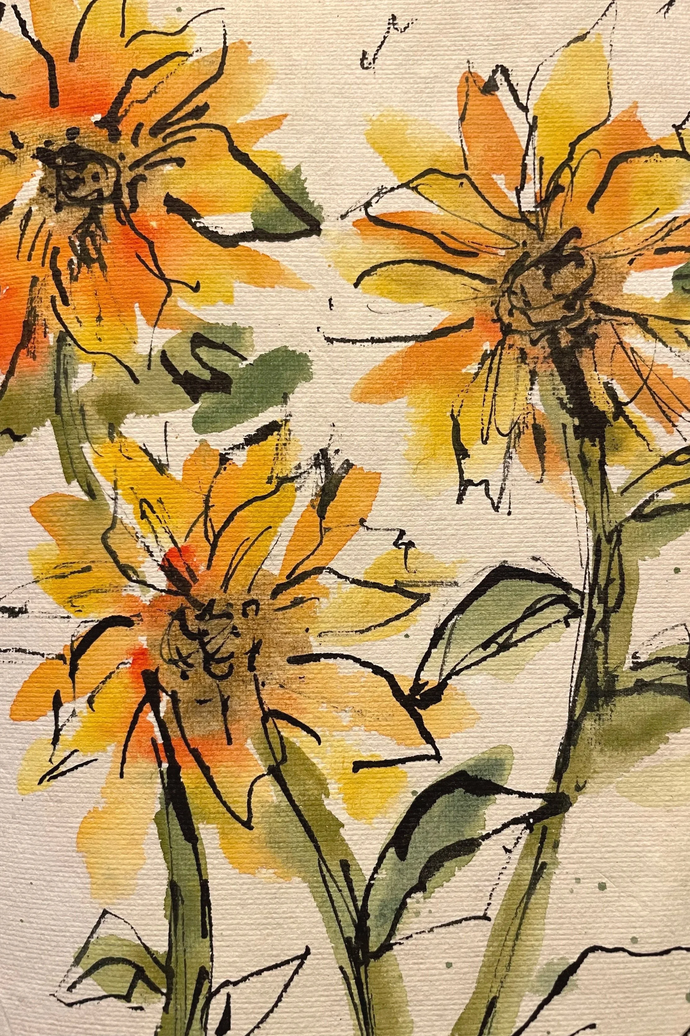 A watercolor and ink painting of three yellow and orange flowers with green leaves.
