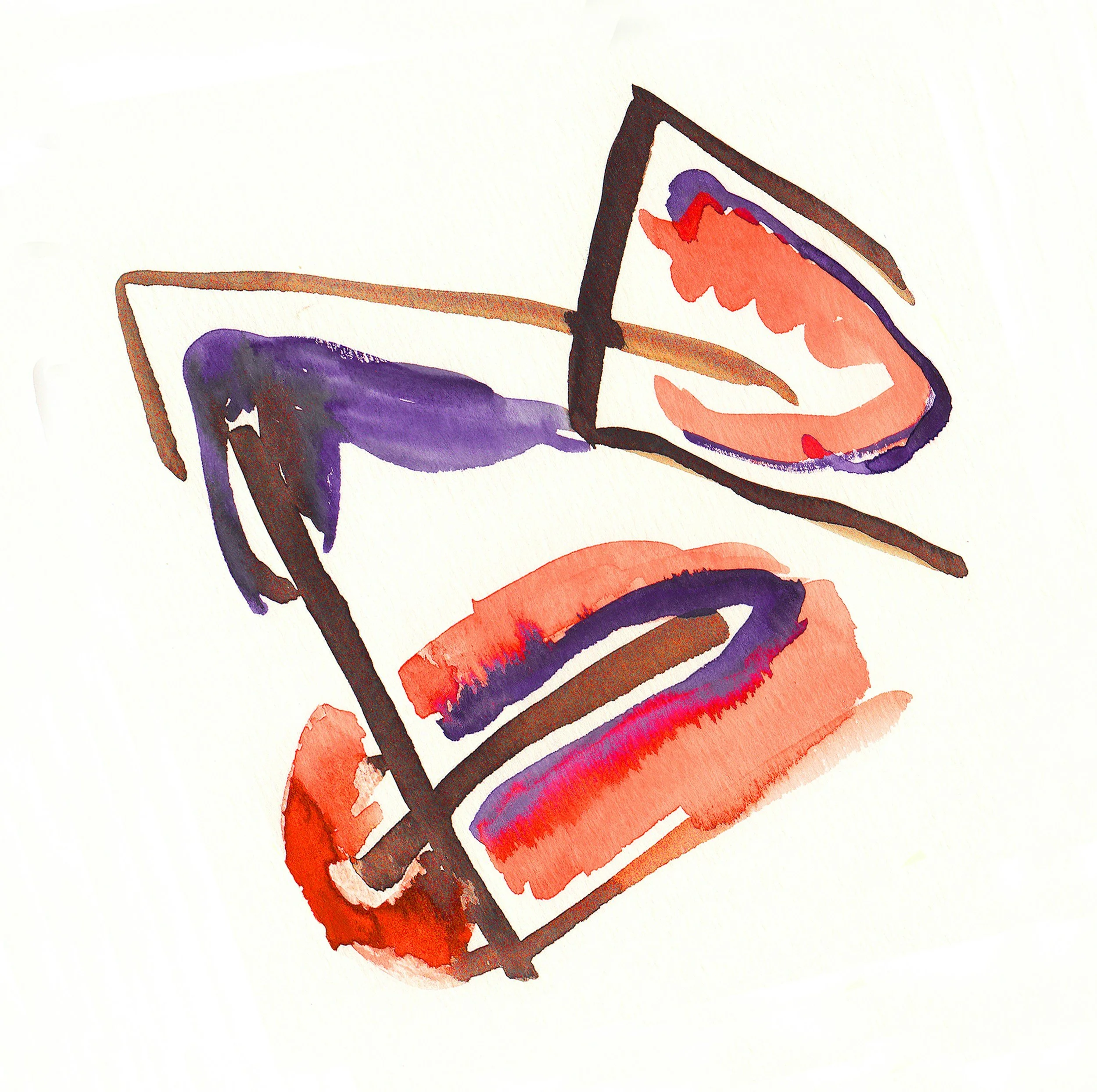 watercolor painting of red lips, purple hair, and glasses with a red and purple design on the lenses