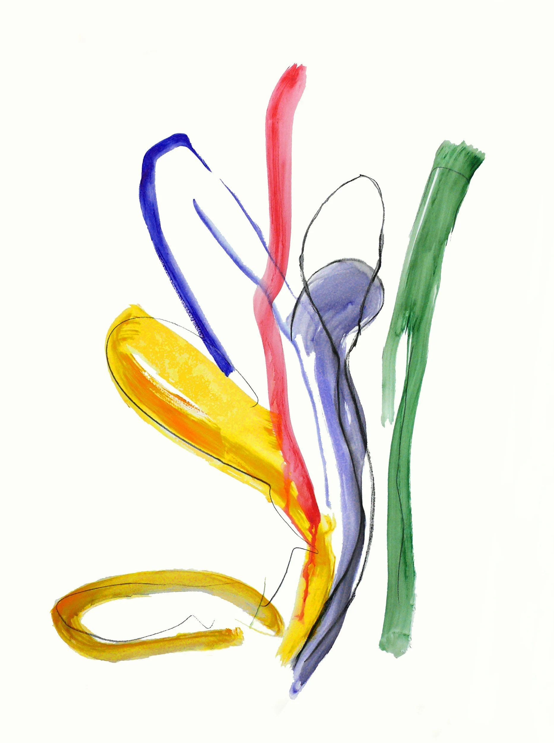An abstract watercolor painting of different colorful, curved lines on a white background.