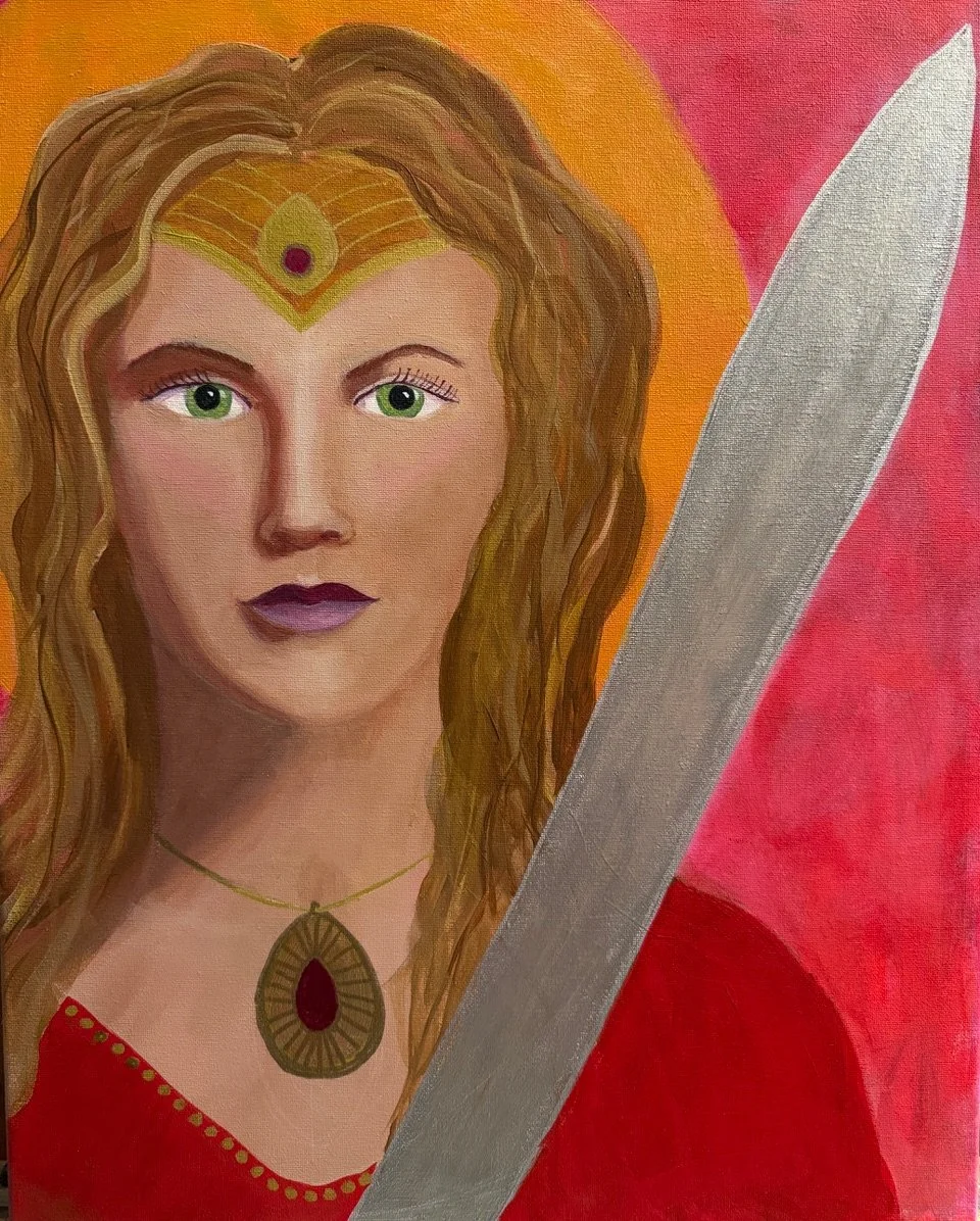 A painting of a woman with long wavy blonde hair, green eyes, and purple lipstick. She wears a gold necklace with a large red gem and a gold headpiece. The background has warm gradient colors from orange to pink.