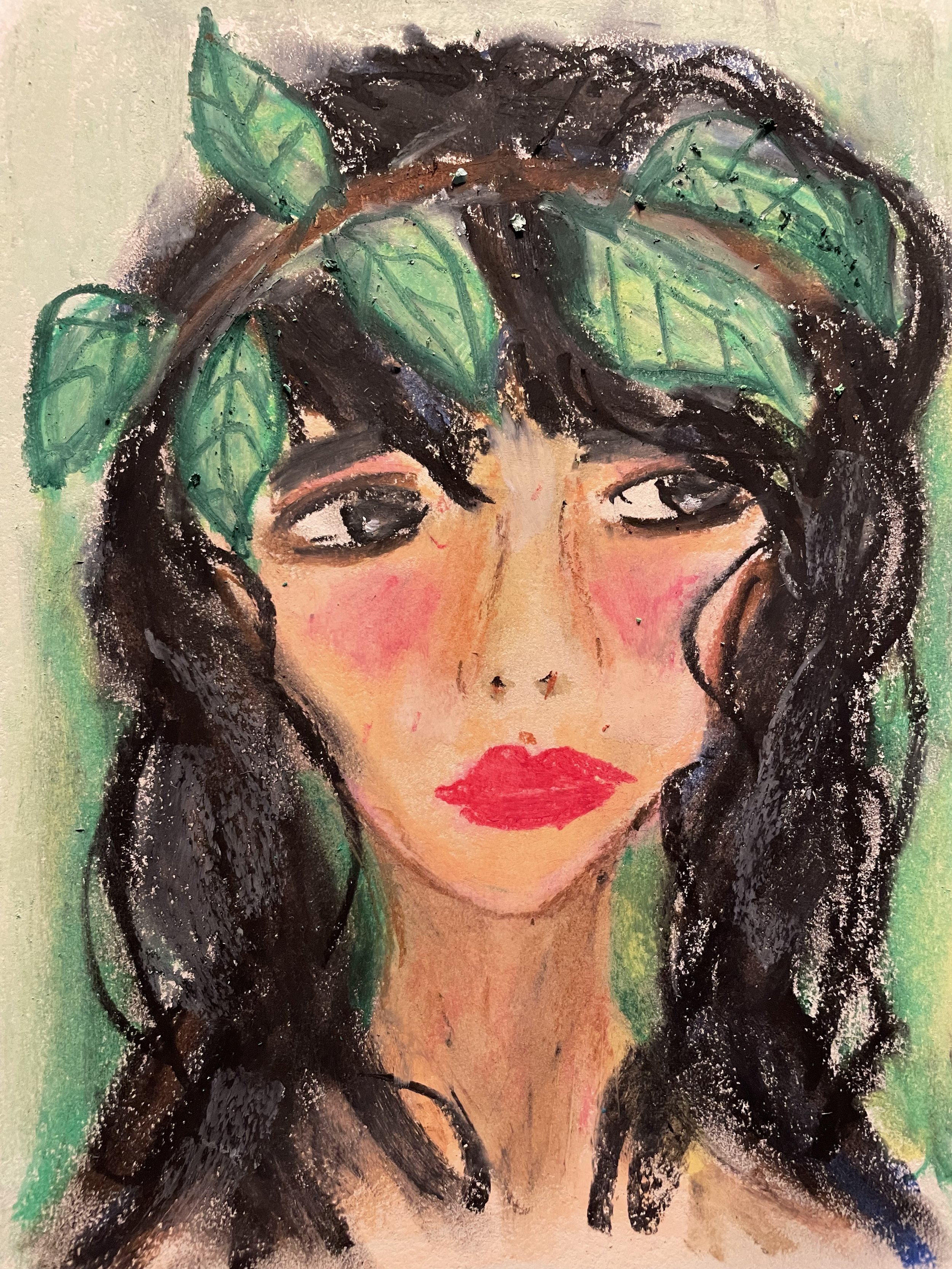 A portrait of a woman with dark wavy hair, red lipstick, and green leaves overlaying her head, painted in a loose, artistic style.