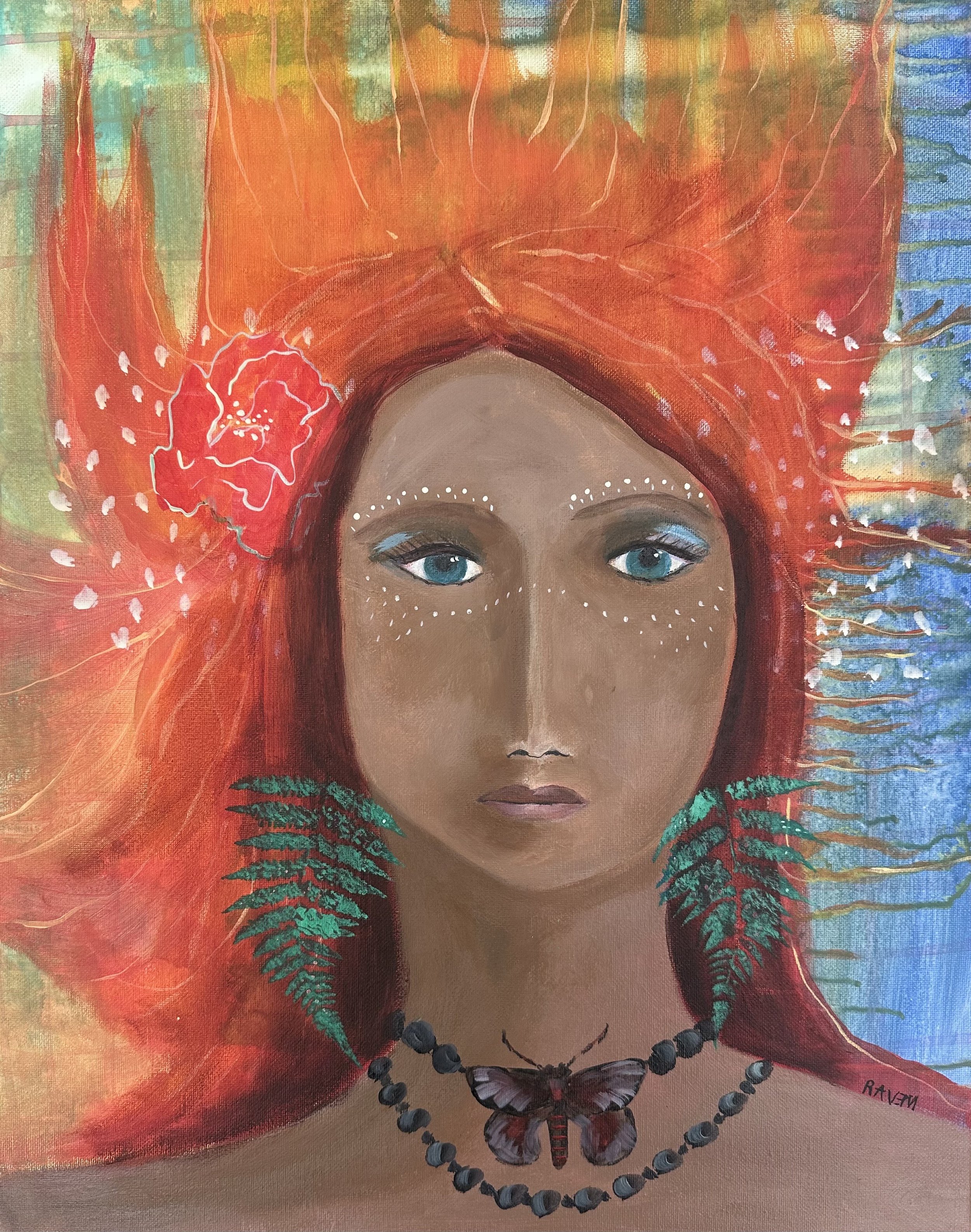 Portrait of a woman with long red hair, blue eyes, and a neutral expression, adorned with a butterfly necklace, fern earrings, and white decorative dots on her face, with a colorful abstract background.