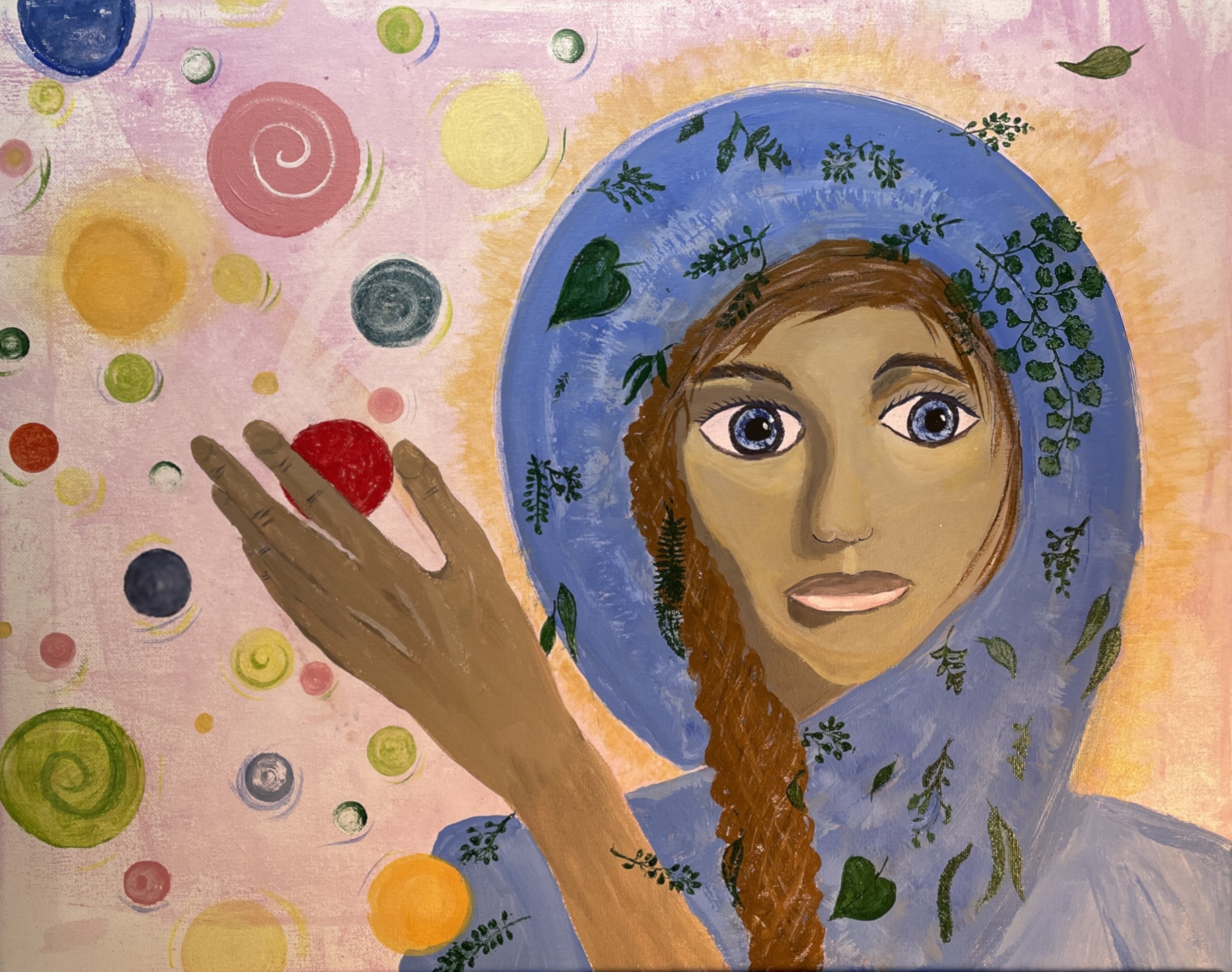 Painting of a woman with a blue hood, long red braid, and large eyes, holding a red fruit in her hand, surrounded by colorful abstract circles and swirls.