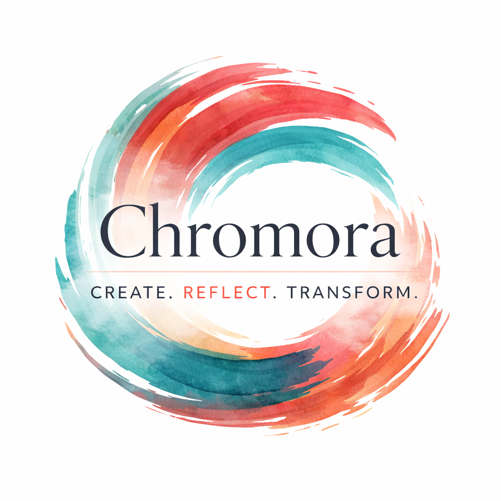 Colorful abstract circle with brushstroke patterns surrounding the text "Chromora" and the tagline "Create. Reflect. Transform."