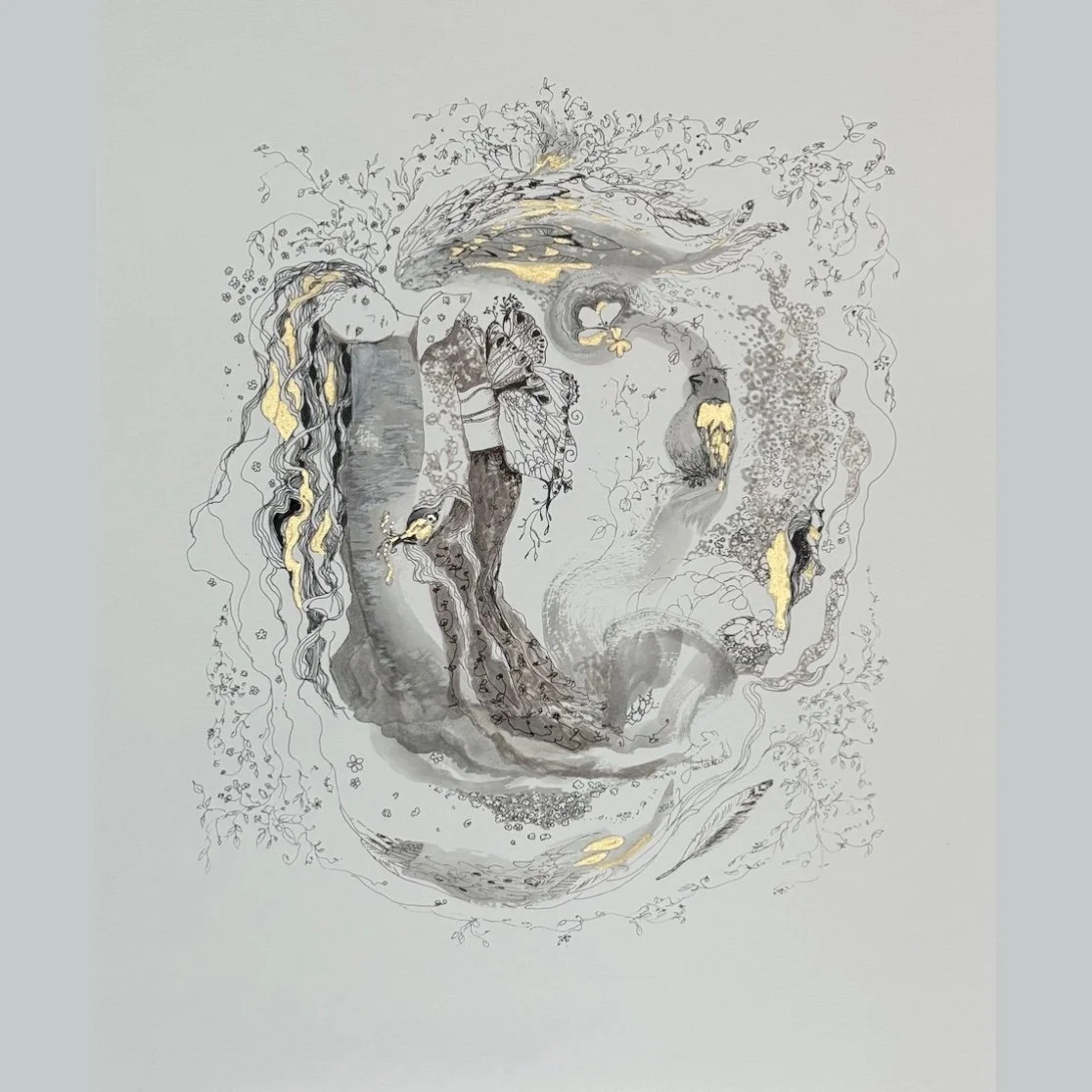 Japanese Girl with Sparrows